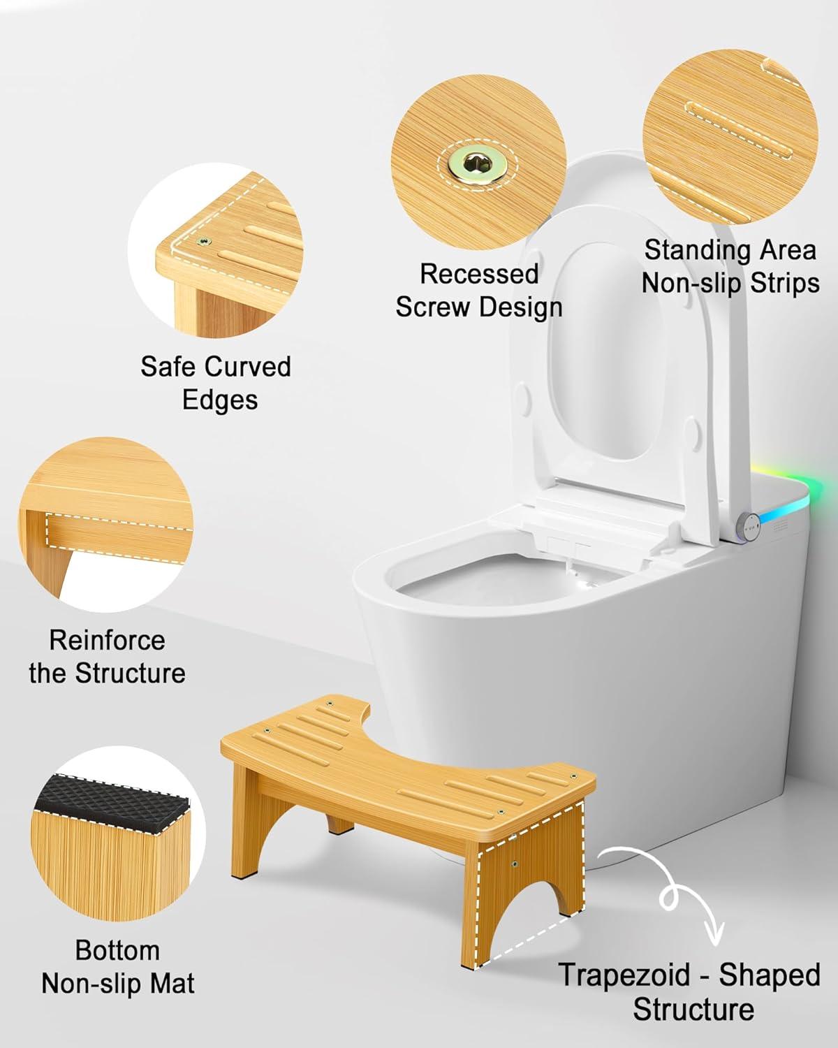 Bamboo Toilet Stool for Adults, 6.5" Toilet Stool Squat Adult Kids, Portable Simple Curve Squat Toilet Potty Stool, Non-Slip Poop Stool for Bathroom, Improve Squatting Posture and Comfort (Wood)