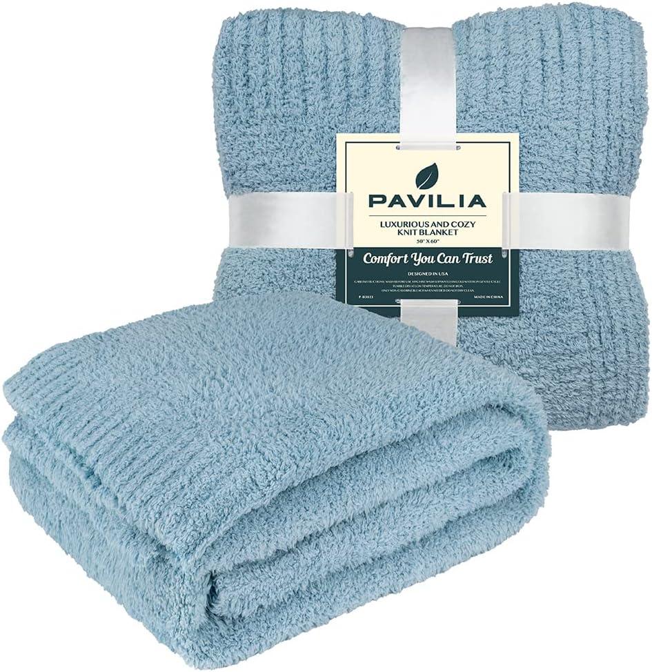 PAVILIA Plush Knit Throw Blanket for Couch Sofa Bed, Super Soft Fluffy Fuzzy Lightweight Warm Cozy All Season