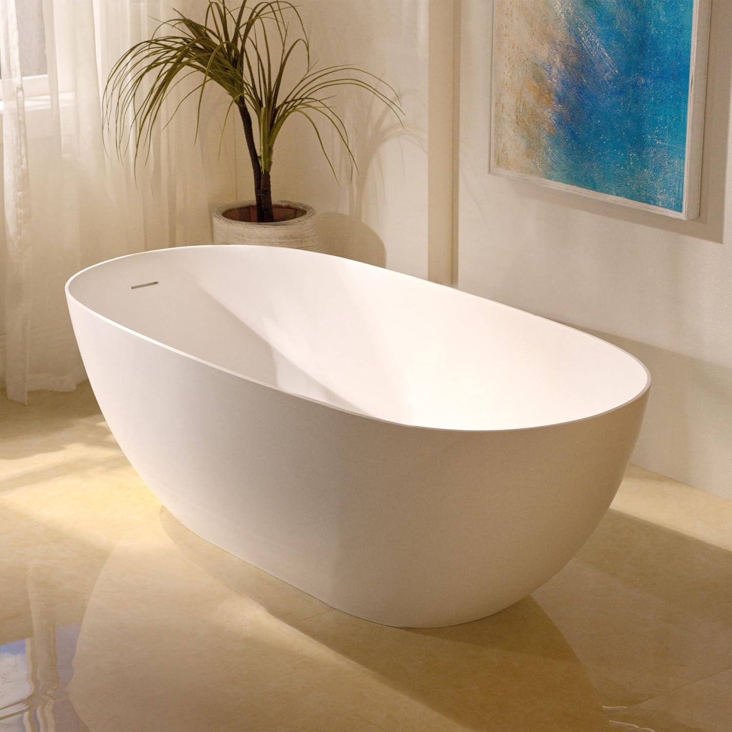 61-1/4" L X 30-3/4" W Solid Surface Stone Resin Freestanding Bathtub In Matte White, ,2 Drain Covers