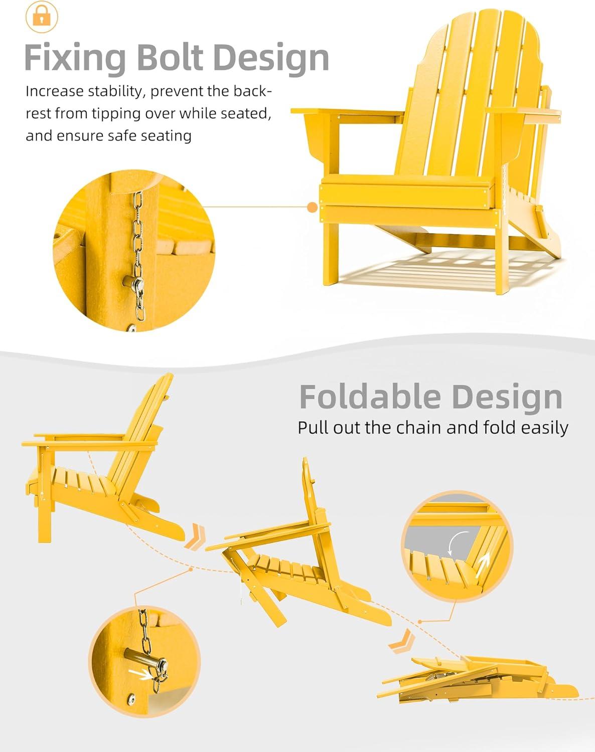 Folding Adirondack Chair - Durable HDPE Poly Lumber All-Weather Resistant, Foldable Oversized Balcony Porch Patio Outdoor Chair for Lawn, Backyard, Deck, Garden, Camping - Easy Installation, Yellow