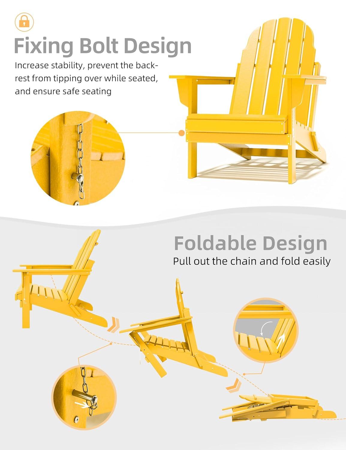Folding Adirondack Chair - Durable HDPE Poly Lumber All-Weather Resistant, Foldable Oversized Balcony Porch Patio Outdoor Chair for Lawn, Backyard, Deck, Garden, Camping - Easy Installation, Yellow