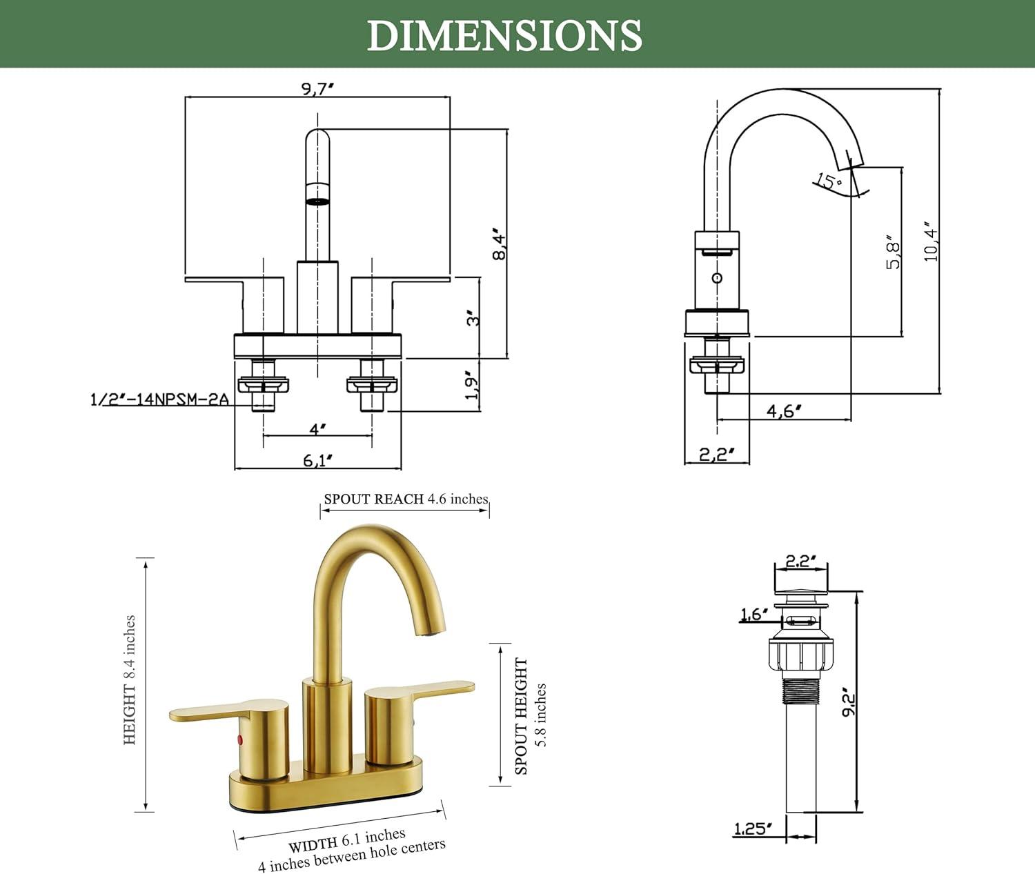 Brushed Gold 2 Handle Centerset Bathroom Faucet with Brass Spout