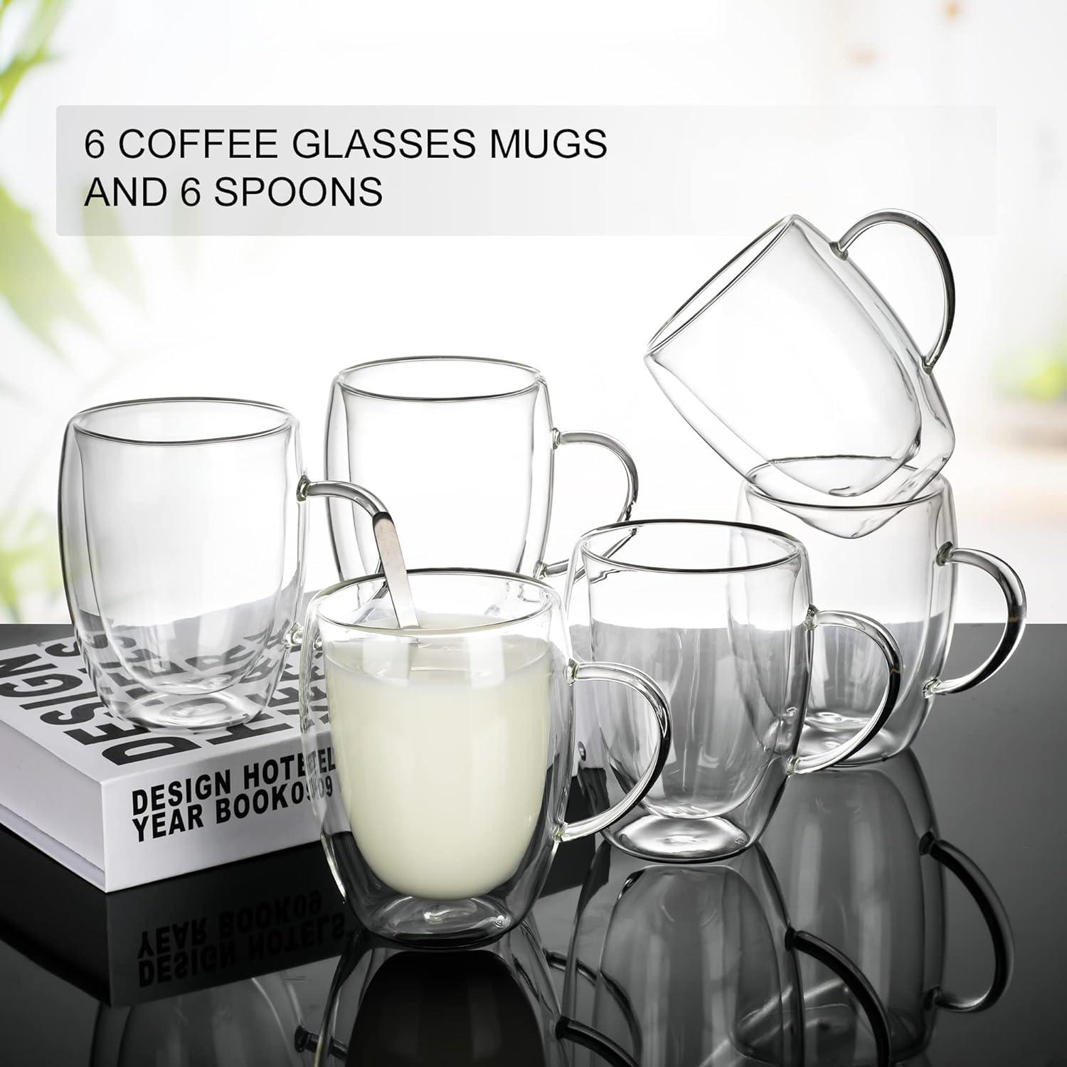 LIBWYS 12oz Clear Double Walled Glass Coffee Mugs Set