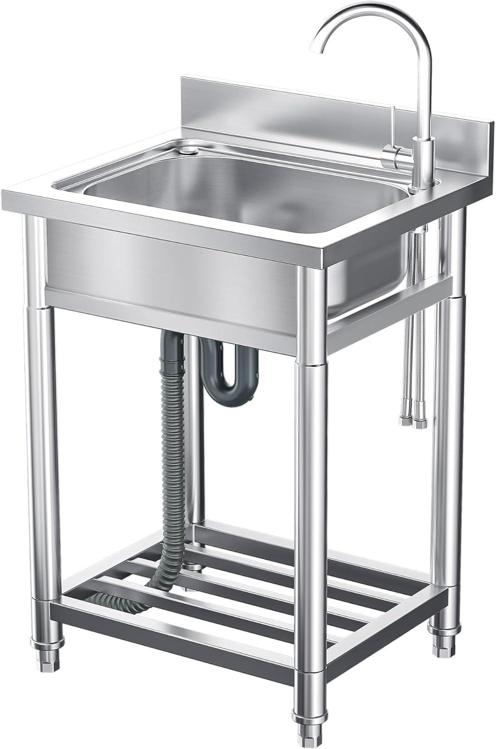 Freestanding Stainless Steel Utility Sink with Hot and Cold Water Pipes