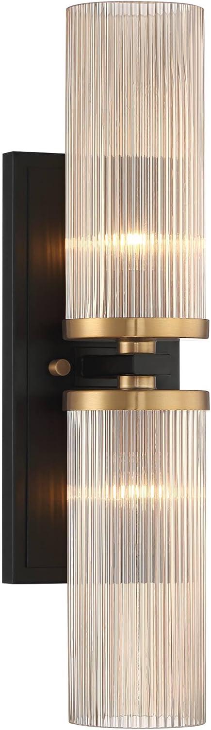 Stiffel Modern Wall Light Sconce Black Brass Hardwired 4 1/4" 2-Light Fixture Ribbed Champagne Glass Shade for Bedroom Bathroom Vanity Living Room