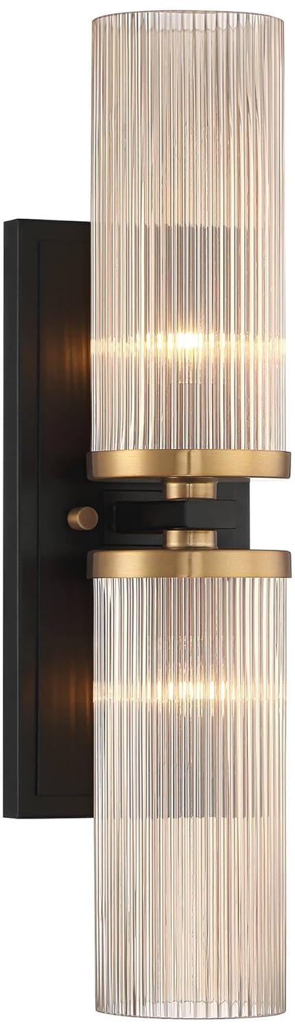 Stiffel Modern Wall Light Sconce Black Brass Hardwired 4 1/4" 2-Light Fixture Ribbed Champagne Glass Shade for Bedroom Bathroom Vanity Living Room