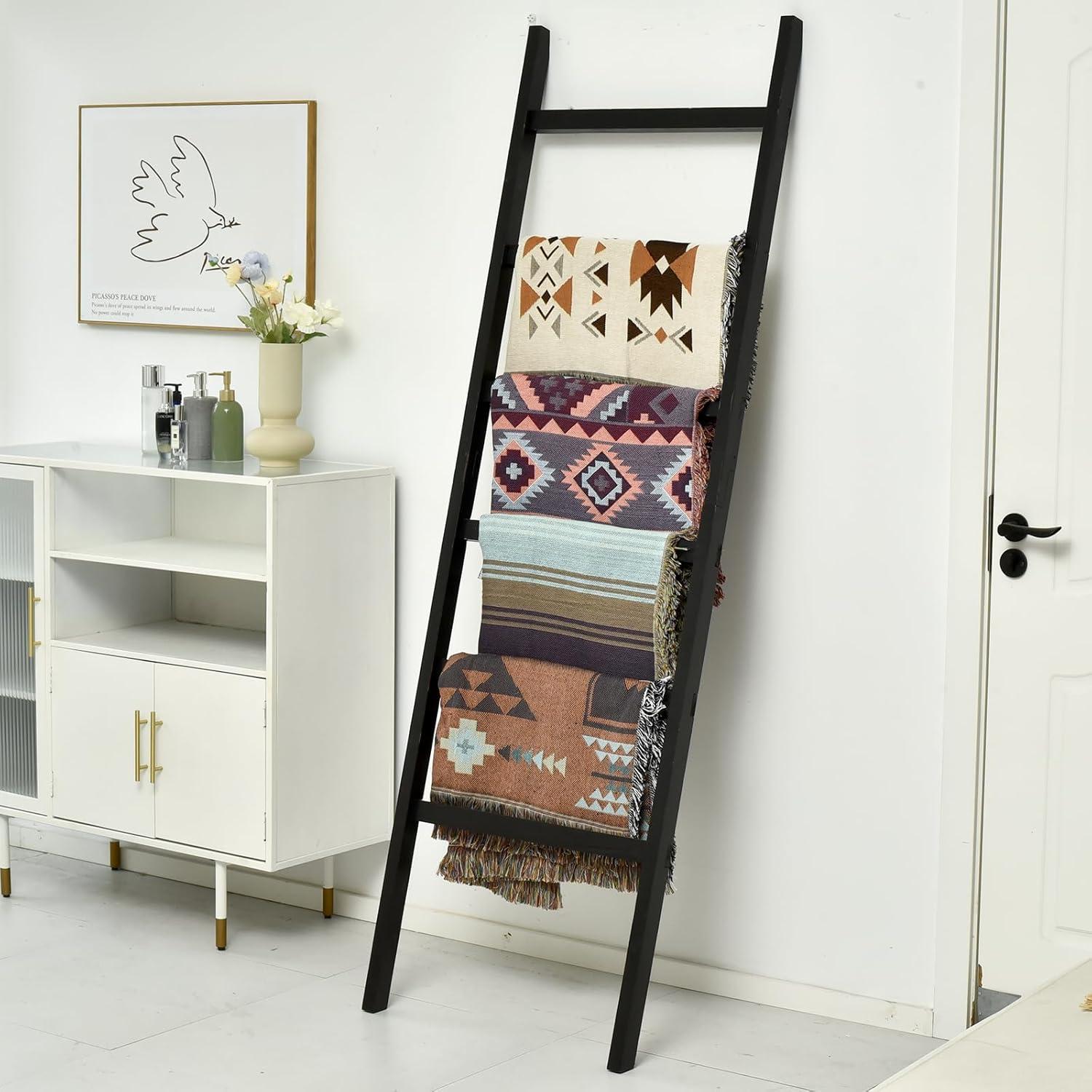 FUIN 6.4ft Extra Wide Wooden Blanket Ladder Living Room Decorative Wal Leaning Farmhouse Quilt Display Holder Rustic Wood Towel Rack for Bathroom, Black, 24 inch Wide