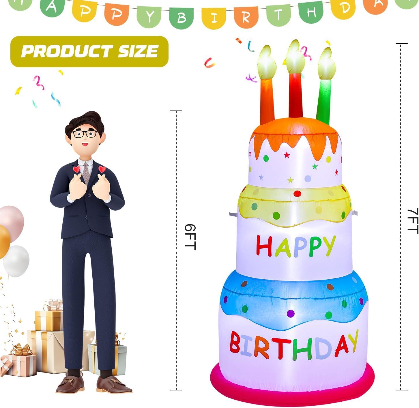 AJY 6 Feet Birthday Inflatable Happy Birthday Inflatable Cake with Candle Blow Up Inflatable Indoor Outdoor Yard Lawn Decoration Clearance