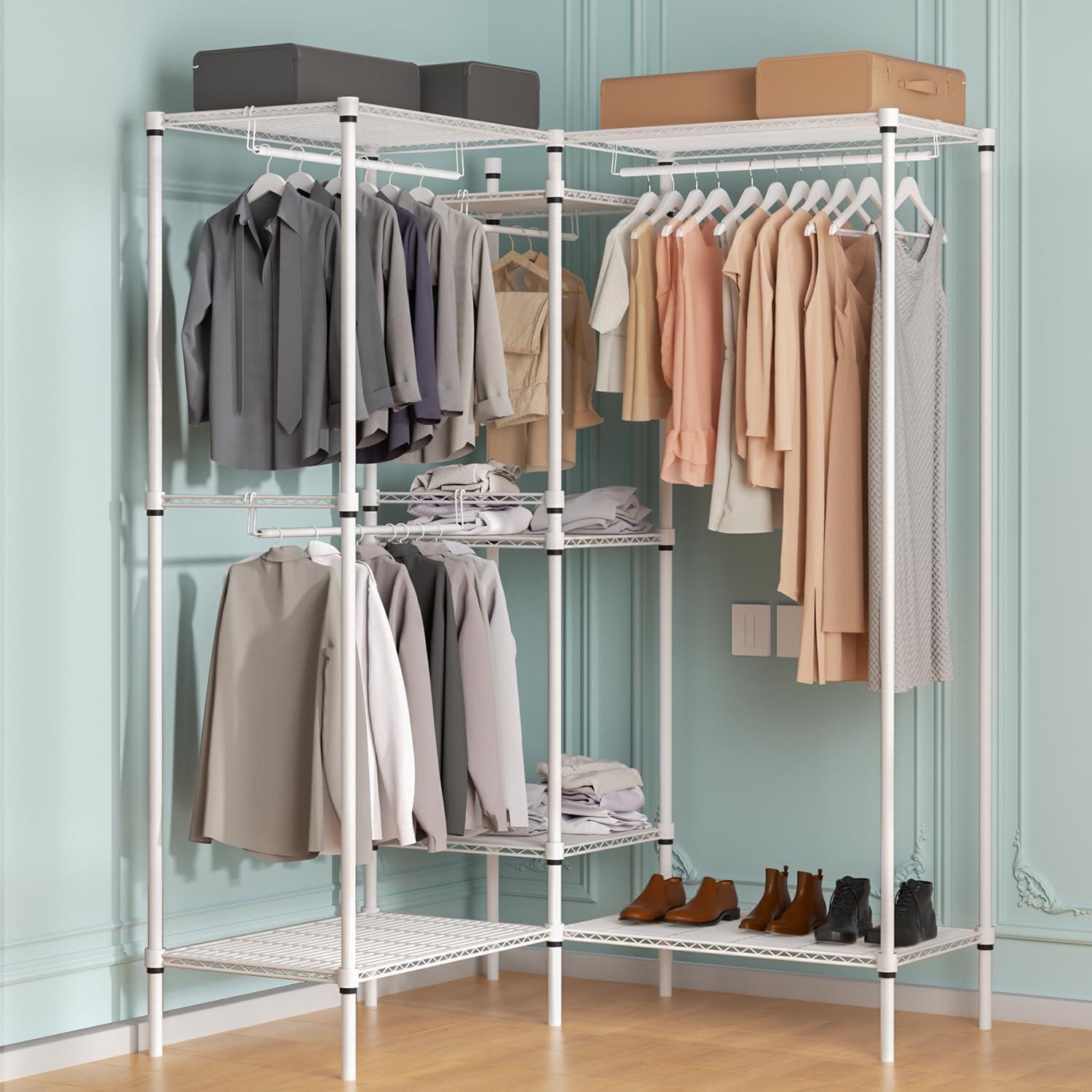 MoNiBloom Heavy Duty Clothes Rack L Shaped Clothing Rack for Corner, Wire Garment Rack Freestanding Wardrobe Rack for Bedroom, 73"Lx13.5"Wx71"H, White