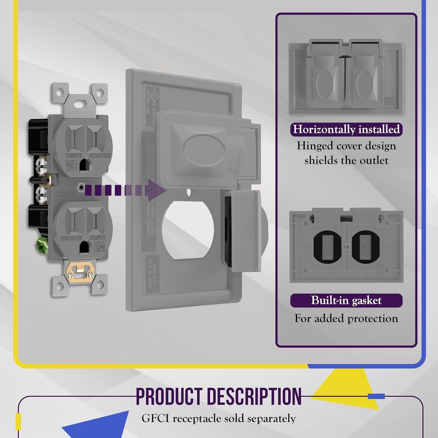 ENERLITES Horizontal Duplex Outdoor Outlet Cover, Weatherproof Wall Plate, Standard Size 1-Gang, Thermoplastic, 8821-WPH-GY, Gray