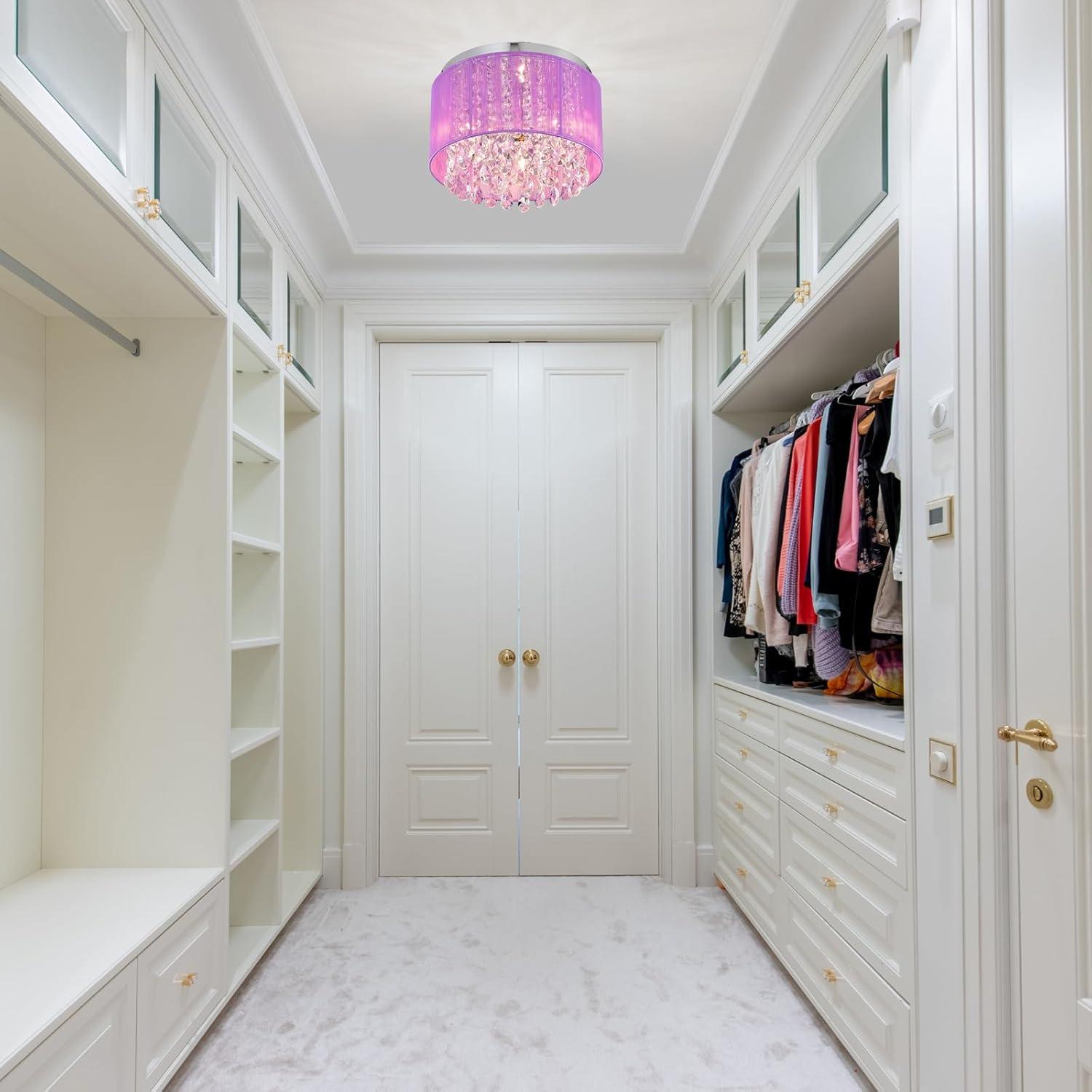 Pink Chandelier Drum Flush Mount Chandelier Crystal Ceiling Light Fixture 3 Light Bedroom Chandelier