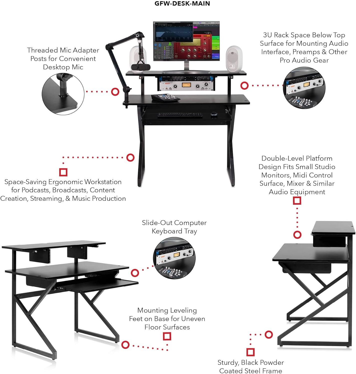 Compact Black Steel Studio Desk with Slide-Out Keyboard Tray