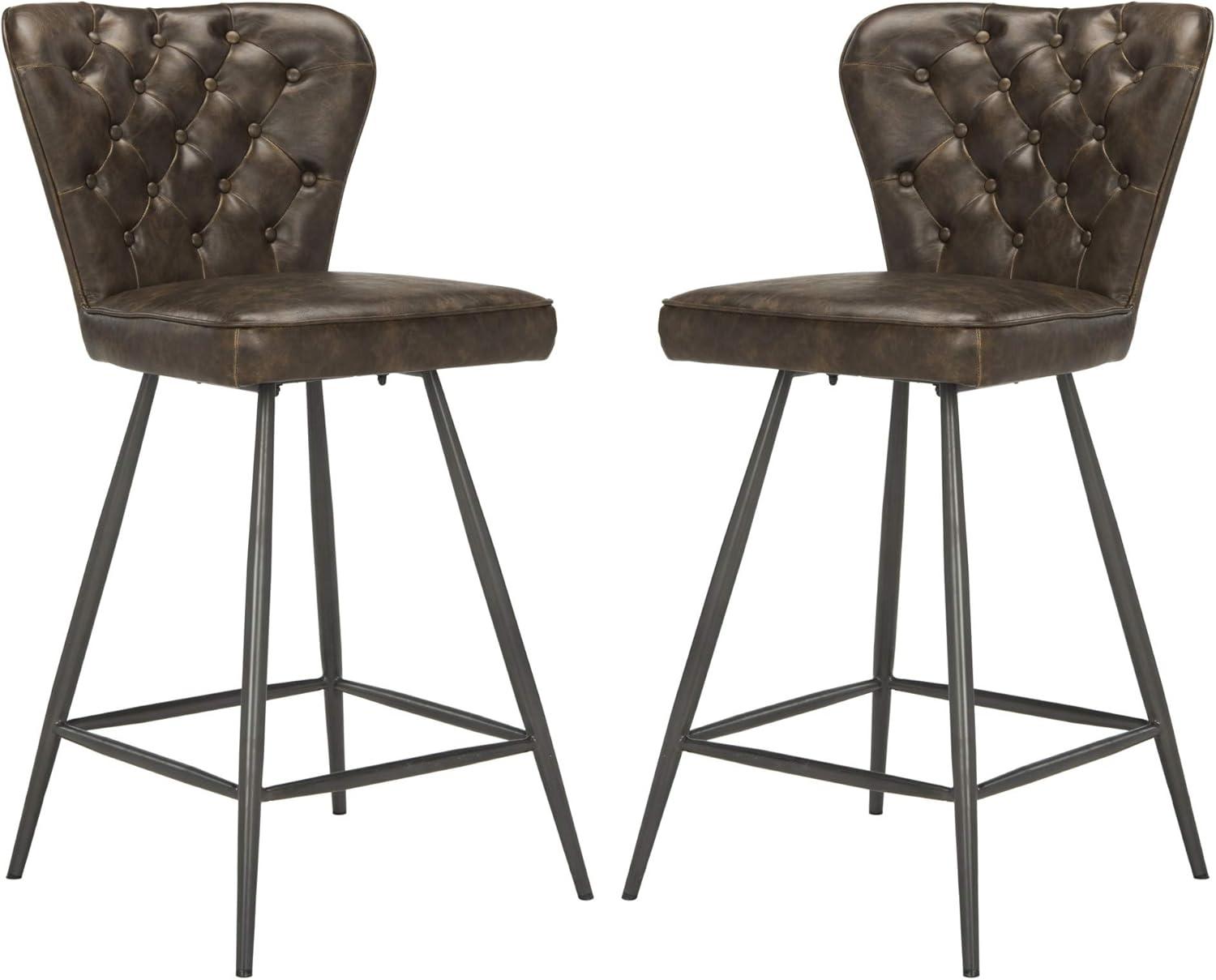 Ashby 26"H Mid-Century Modern Leather Tufted Swivel Counter Stool (Set of 2) - FOX1702 - Camel - Safavieh Couture