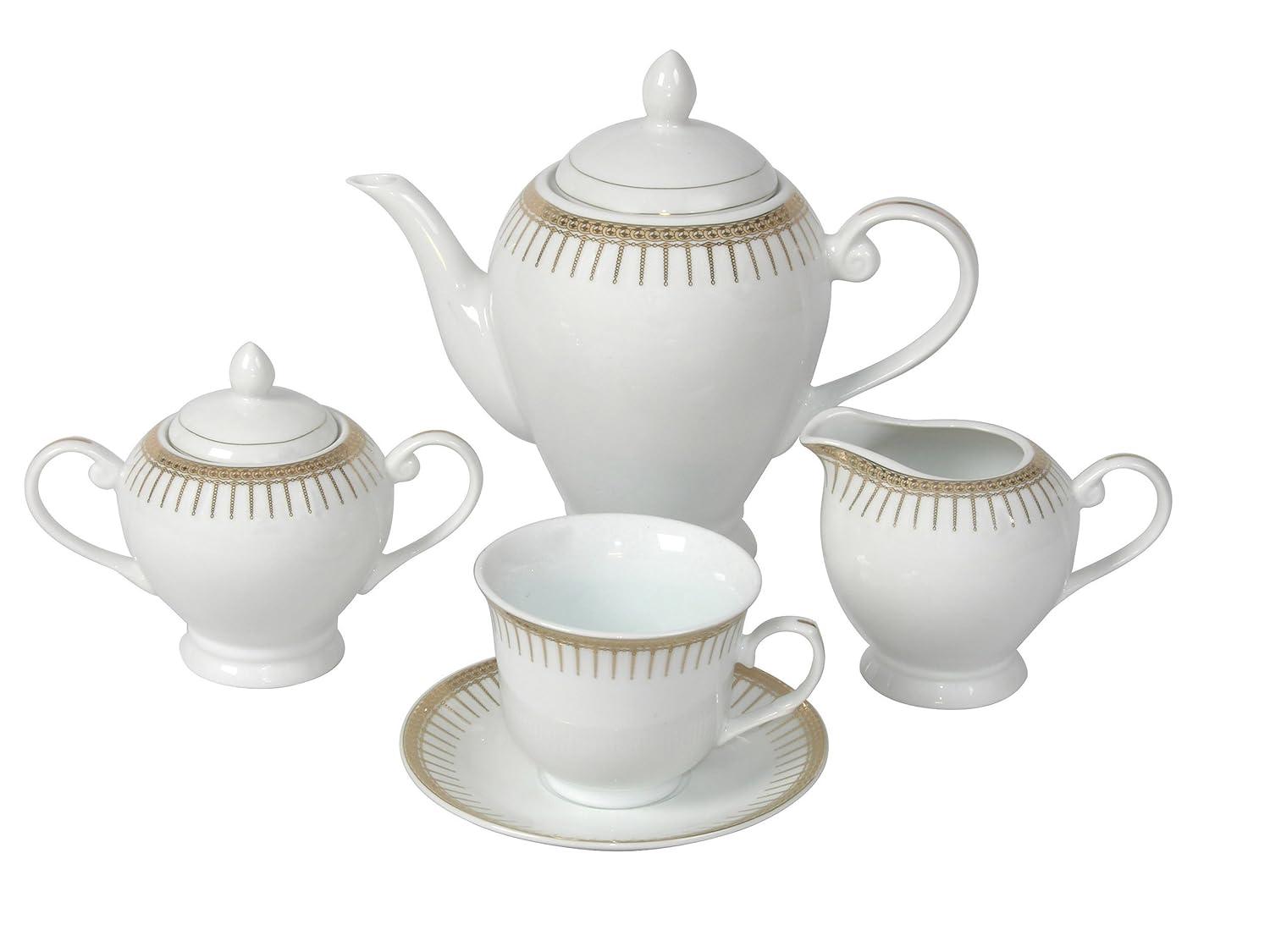 Lorren Home Trends 57-Piece Porcelain Dinnerware Set with Rain Drop Border, Service for 8, Gold
