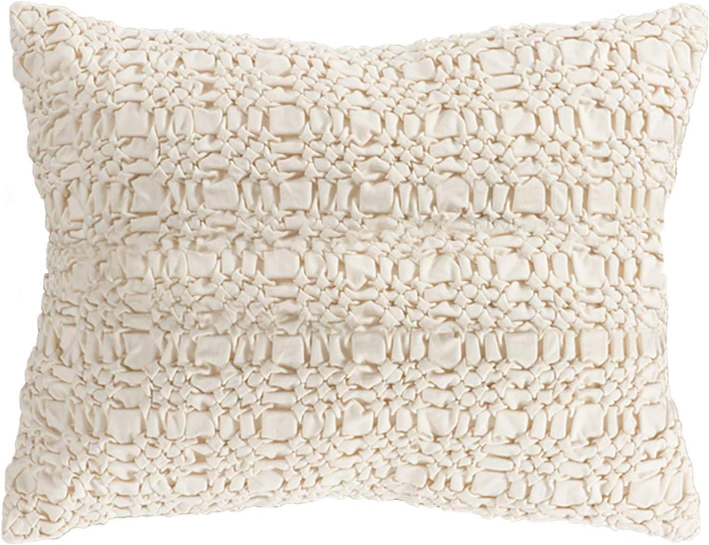 Ivory Cotton Smocked Design Rectangular Throw Pillow