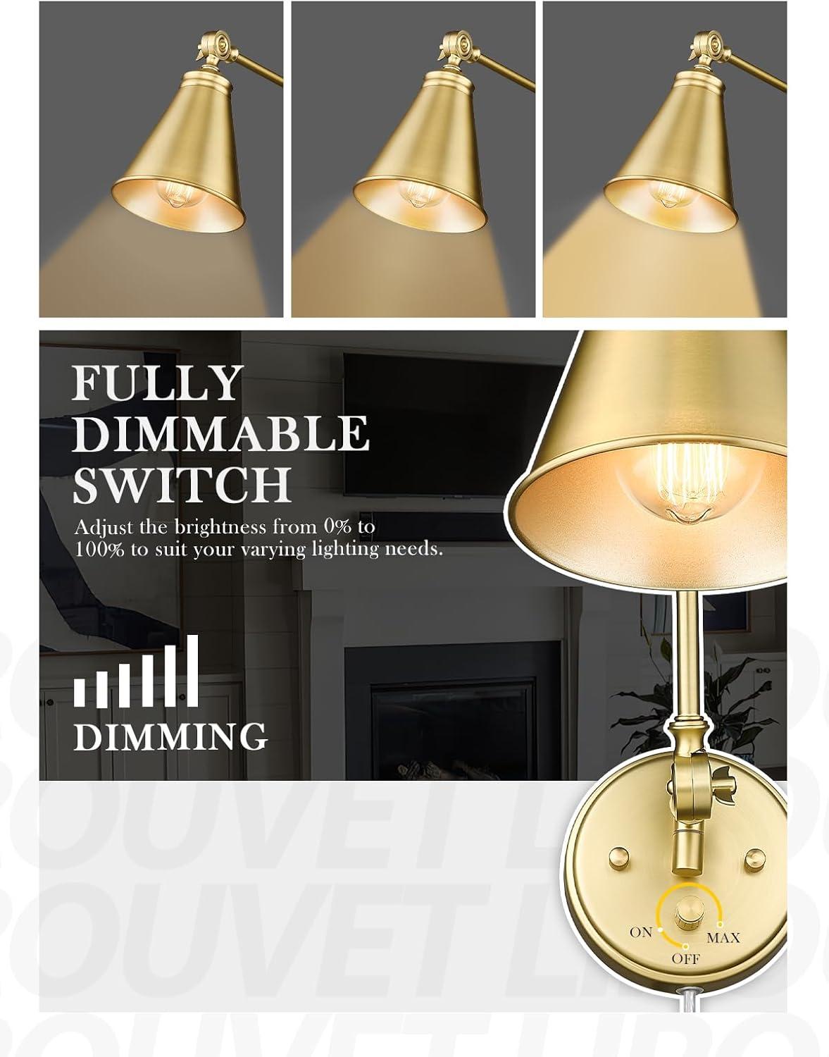 TRLIFE Wall Sconce Plug In, Dimmable Wall Sconce Brushed Brass Swing Arm Wall Lights with Plug in Cord and Dimmer On/Off Knob Switch, Wall Mounted Light for Bedside Bedroom Stairway (1 Pack, 1 Bulb)