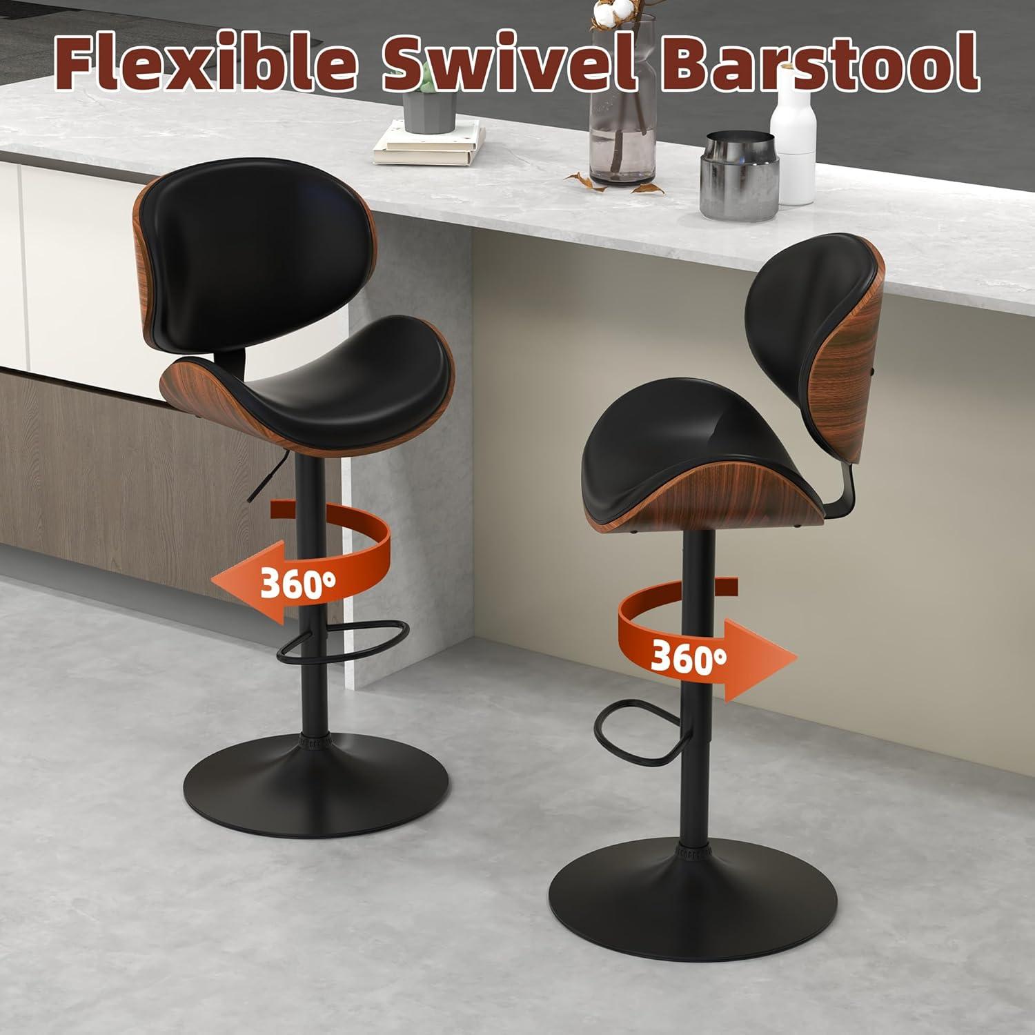 civama Bar Stools Set of 2 for Kitchen Counter, Adjustable Bar Height Chairs, Modern Swivel Barstools with Bentwood Seat and Back with Footrest, for Kitchen Island, Dining Room, Black PU Leather