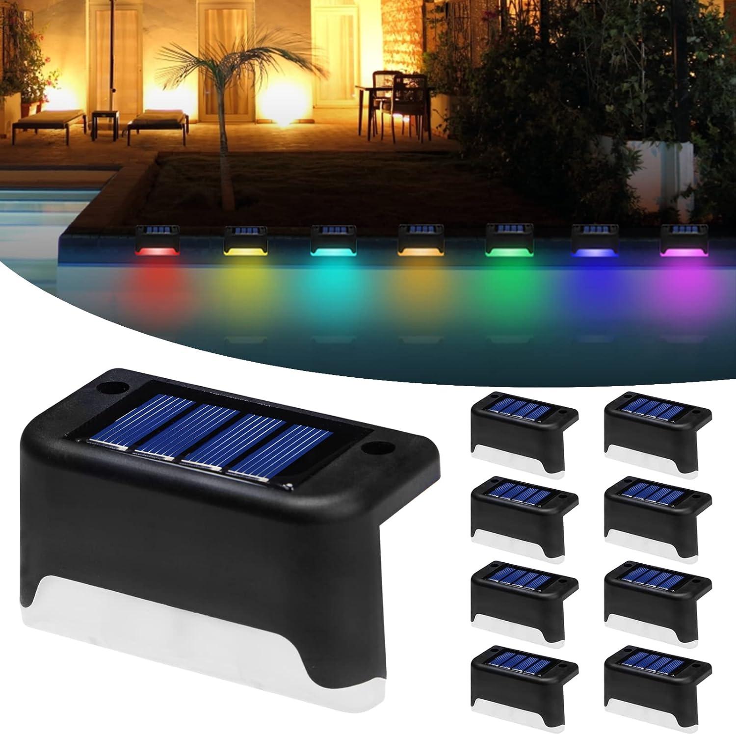 K.E.J. Solar Pool Side Lights Color Changing Solar Deck Lights Outdoor LED Step Light Waterproof Pool Accessories Decor for Stairs Fence Yard Driveway Pathway Yard Backyard Garden (Black-Color, 8)