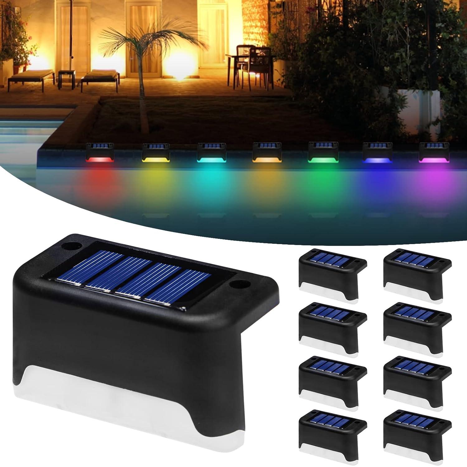 K.E.J. Solar Pool Side Lights Color Changing Solar Deck Lights Outdoor LED Step Light Waterproof Pool Accessories Decor for Stairs Fence Yard Driveway Pathway Yard Backyard Garden (Black-Color, 8)