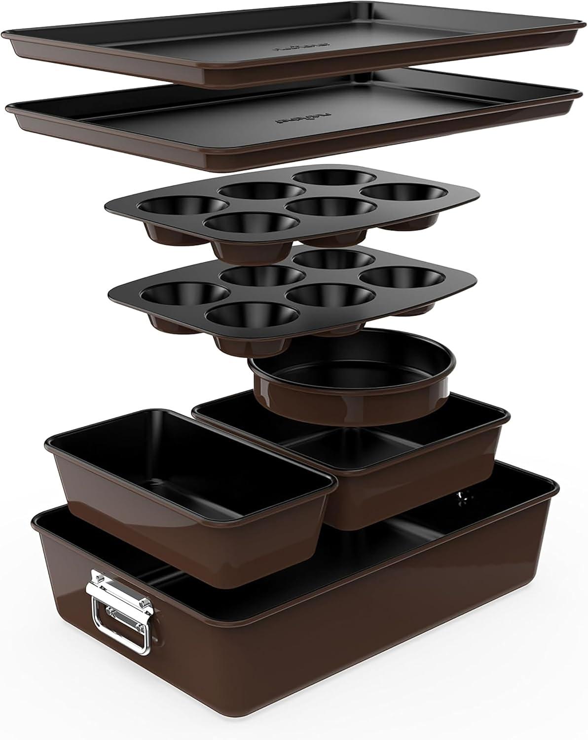 NutriChef 8-Piece Nonstick Stackable Bakeware Set PFOA, PFOS, PTFE Free W/ Non-Stick Coating, Brown