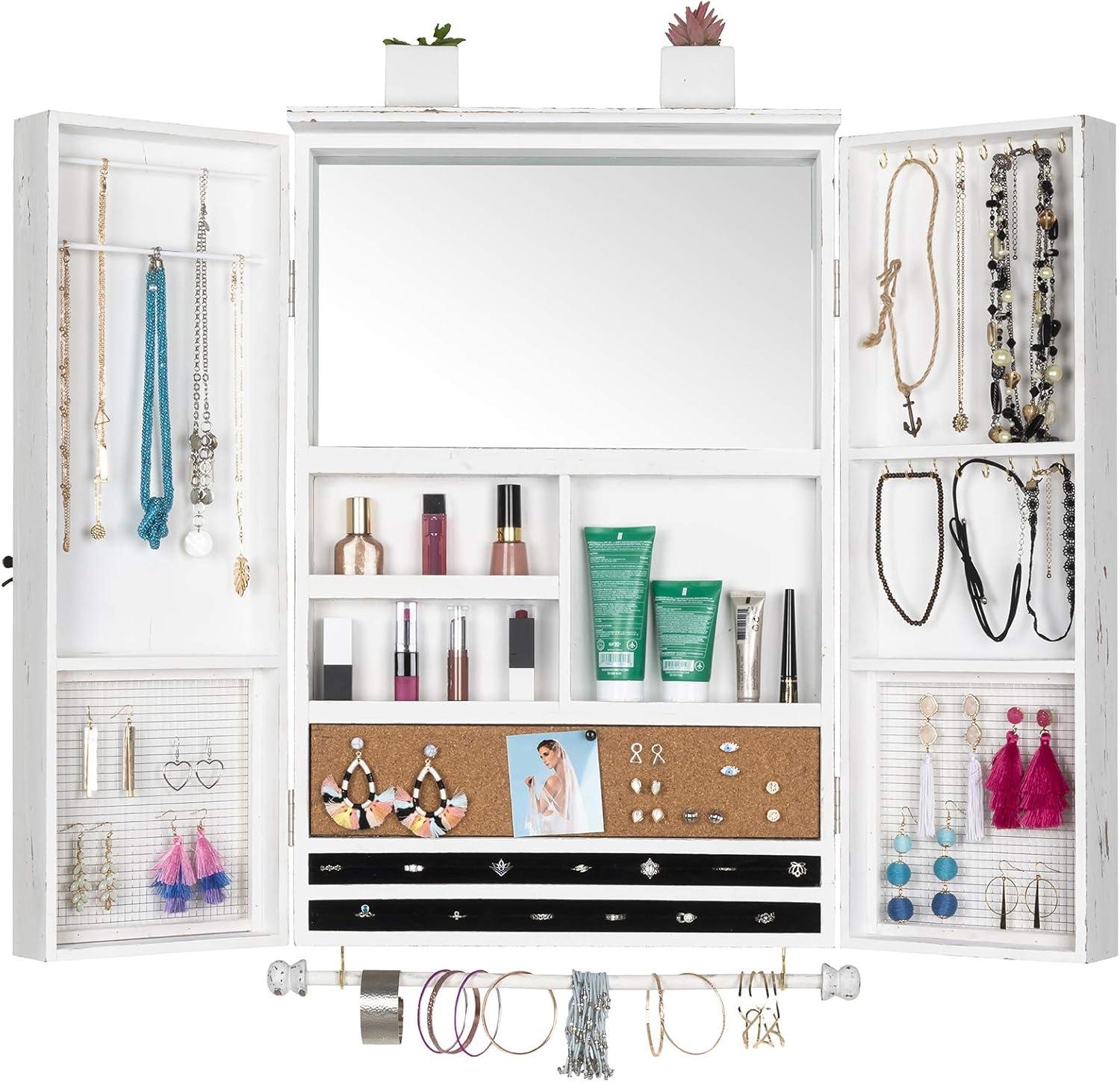Excello Global Products Large Rustic Wall Mounted Jewelry Organizer with Barndoor Decor Jewelry holder for Necklaces, Earings, Bracelets, Ring Holder, and Accessories. Includes - White  EGP-HD-0283-OS
