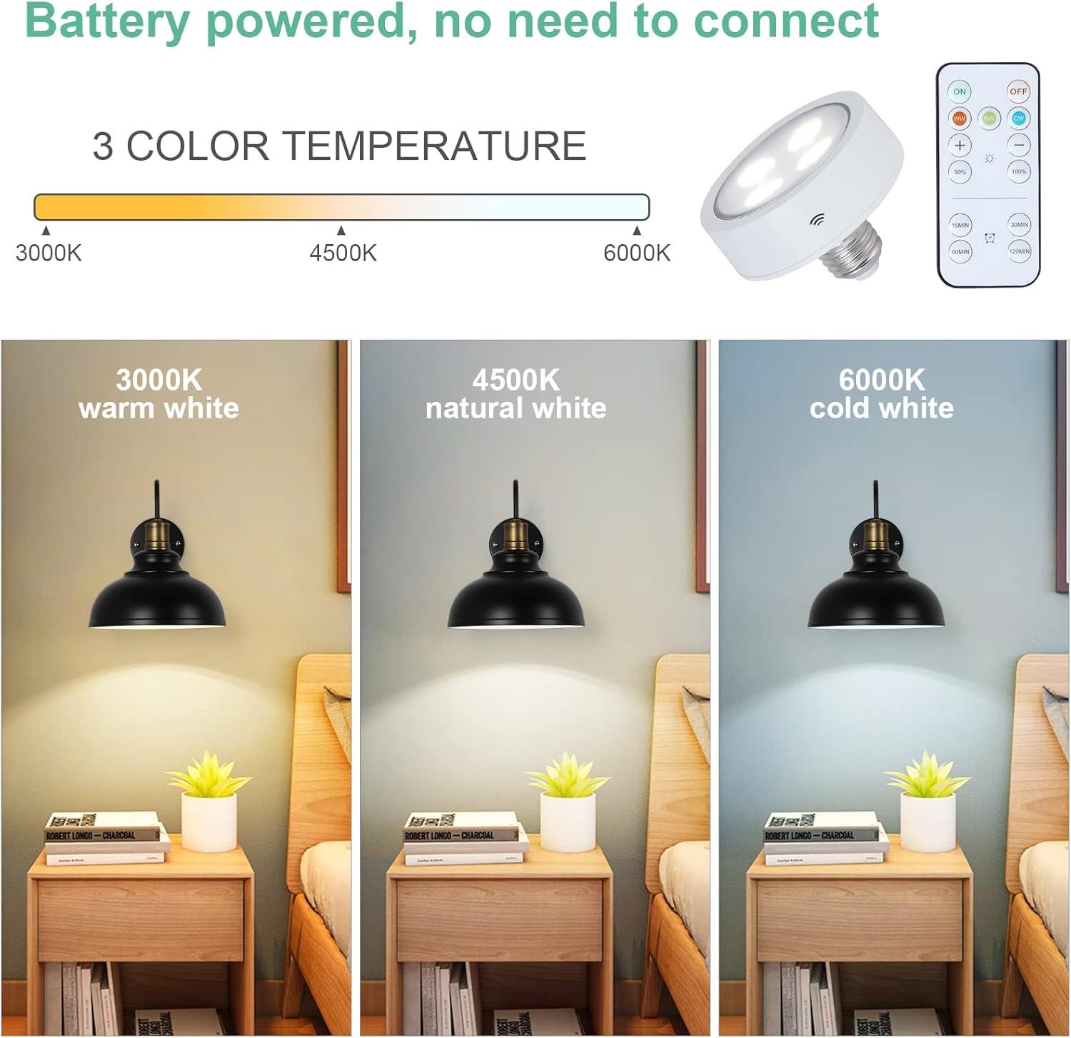 Vintage Black Wireless Battery Operated Wall Sconces Set of 2, Cordless LED Wall Lights Set with Remote Control, for Bedroom, Farmhouse, Gallery - Easy Setup, 3 Color Dimmable, Adjustable Brightness