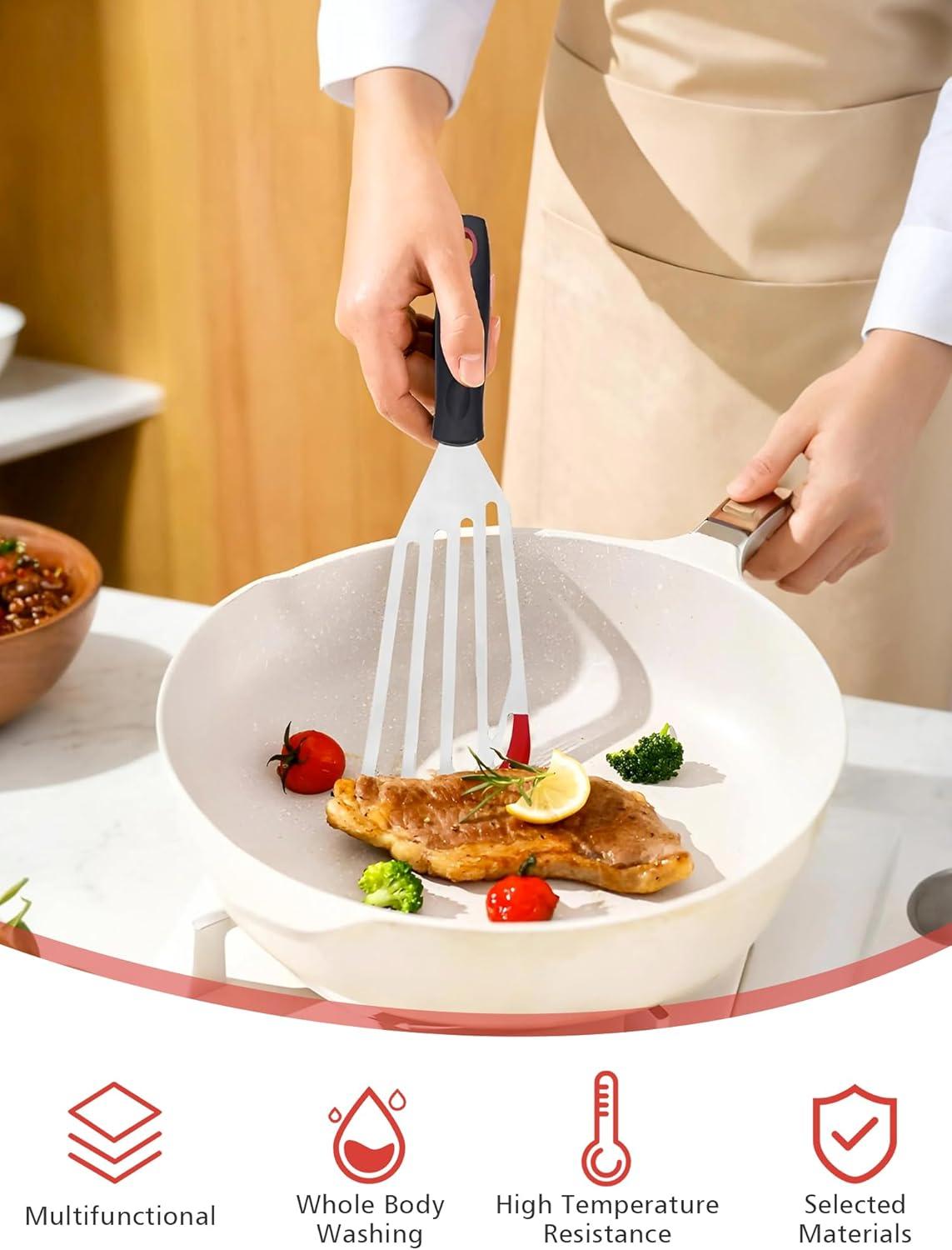 Fish Spatula Turner Set of 2, Heat Resistant Silicone Edge Slotted Fish Spatulas for Nonstick Cookware, Flexible and Thin Stainless Steel Kitchen Cooking Spatula Flipper for Fish, Egg, Pancake