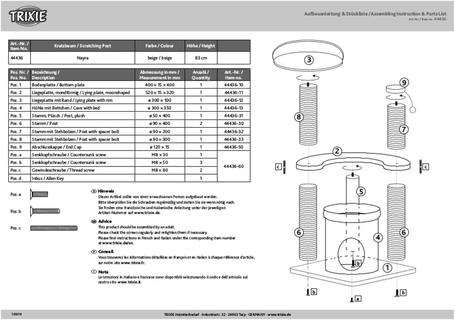 TRIXIE TRIXIE Nayra 32.7" Cat Tree, 3-Level Cat Scratcher, Plush Covered Cat Condo Removable Bed, Platform & Perch