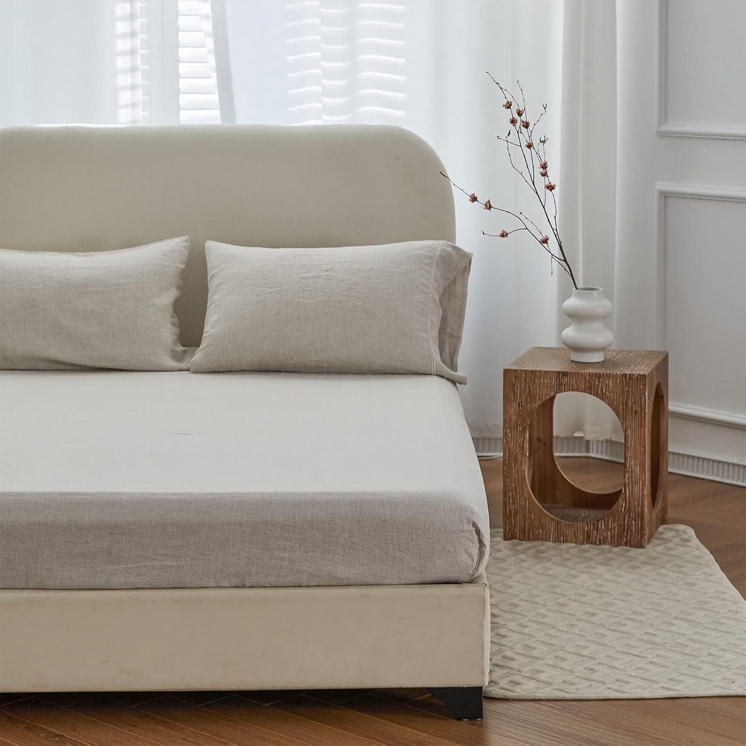 Queen Size Natural Linen Fitted Sheet with Deep Pockets