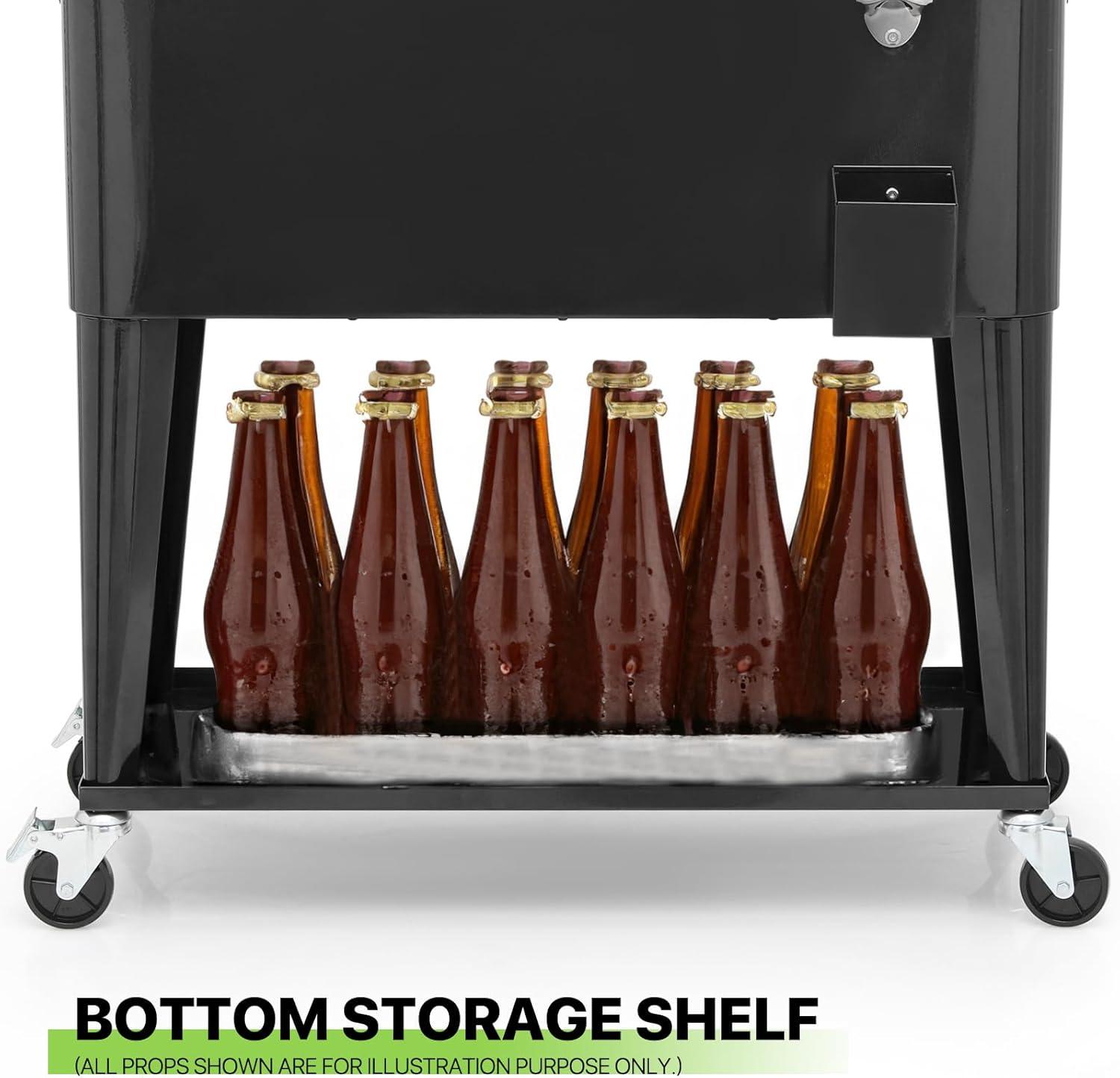 Bring Home Furniture Outdoor 80 Qt Rolling Cooler Cart, with Bottle Opener + Storage Shelf Camping Beverage Ice Chest