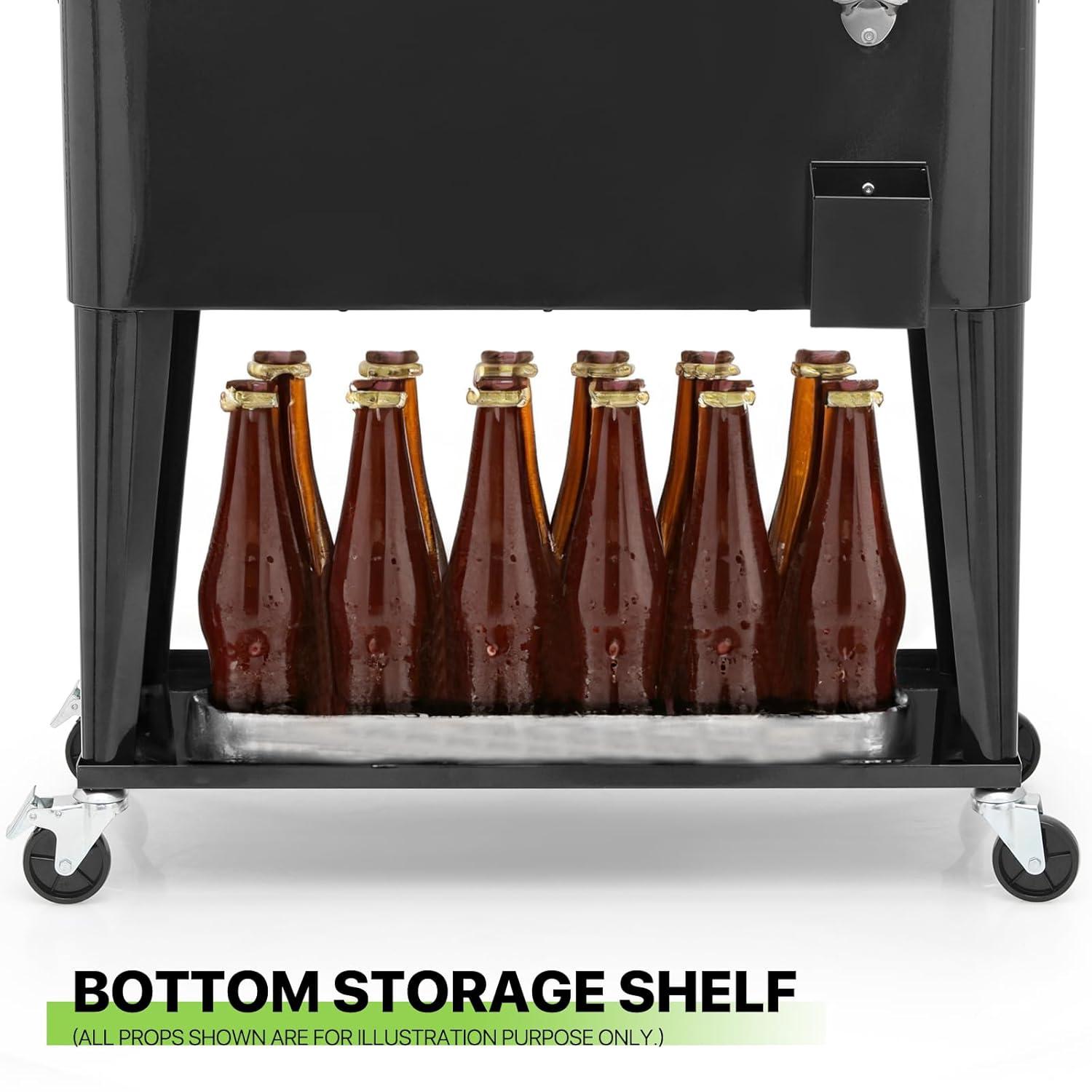 Bring Home Furniture Outdoor 80 Qt Rolling Cooler Cart, with Bottle Opener + Storage Shelf Camping Beverage Ice Chest