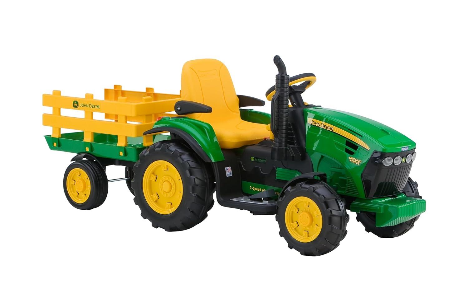 Peg Perego 12V John Deere Ground Force Tractor with Trailer Powered Ride-On - Green