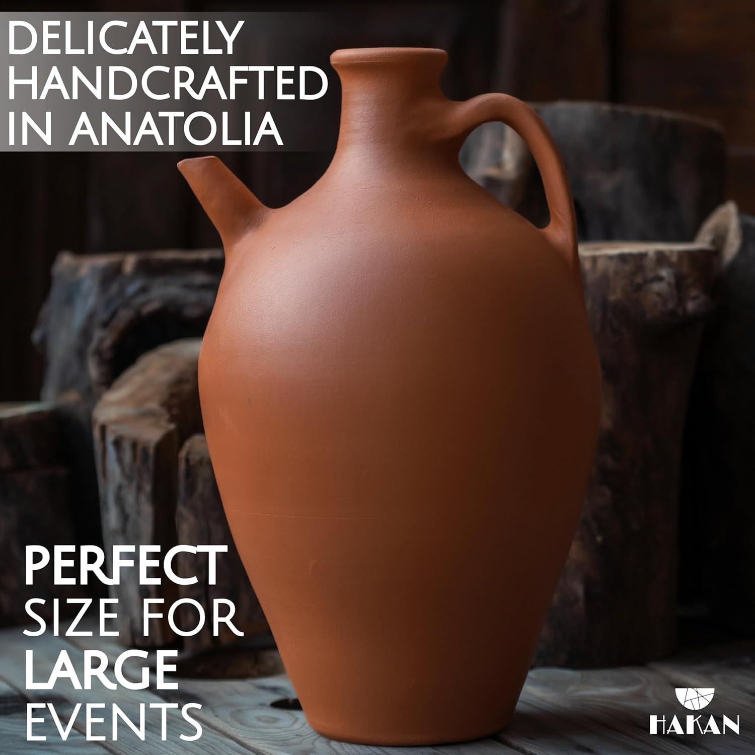 Hakan Handmade Traditional Unglazed Clay Pitcher with Spout, Earthenware Beverage Jar from Cappadocia, Pottery Mud Water Jug, Midi, 2.6 Qt