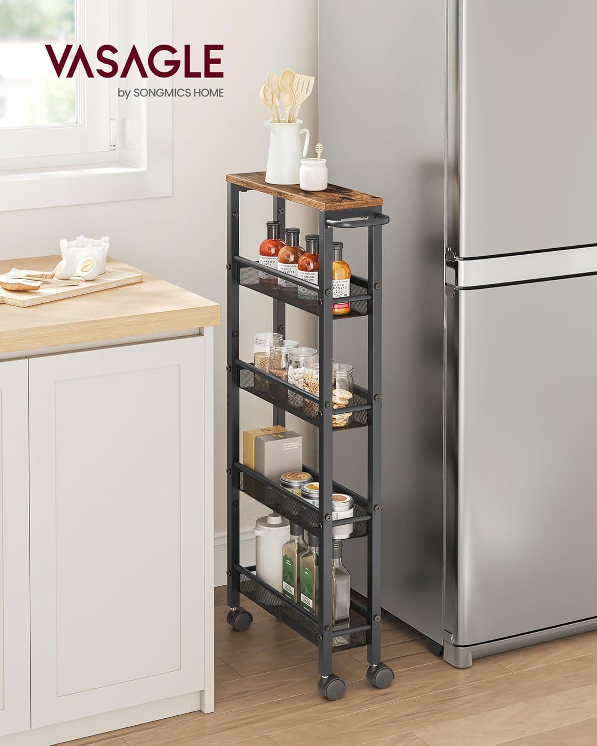 NANANARDOSO 4 Tier Slim Storage Cart, Shelving Unit for Small Space, Rolling Cart with Wooden Top and Metal Handle for Narrow Space on Kitchen, Bathroom, Laundry Room, Black.