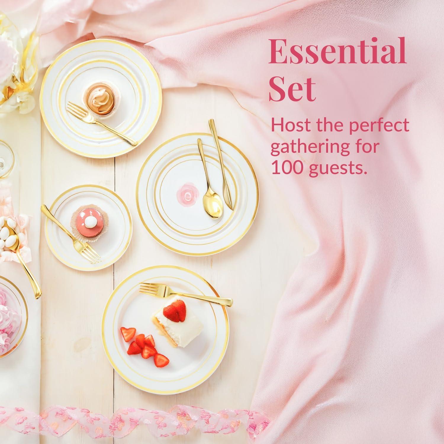 Gold Disposable Dinnerware Set for 100 Guests - 600PC BPA-Free Plastic Plates & Cutlery Kit with 100 Dinner Plates, Salad Plates, Forks, Knives, Spoons & Cups for Wedding, Party, Catering (Heavy-Duty)