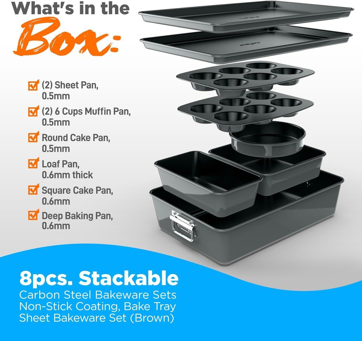 NutriChef 8-Pcs Stackable Carbon Steel Bakeware Set - Non-Stick Coating, Oven Bake Tray Sheets (Gray)