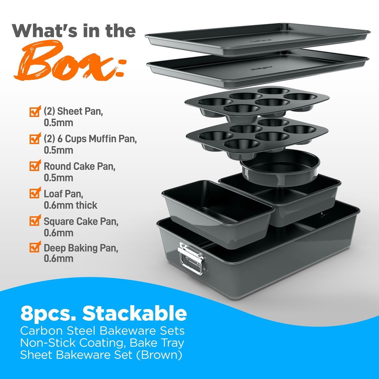 NutriChef 8-Piece Nonstick Stackable Bakeware Set - Pfoa, Pfos, Ptfe Free Baking Tray Set W/ Non-Stick Coating, 450°F Oven Safe, Round Cake, Loaf, Muffin, Wide/Square Pans, Cookie Sheet