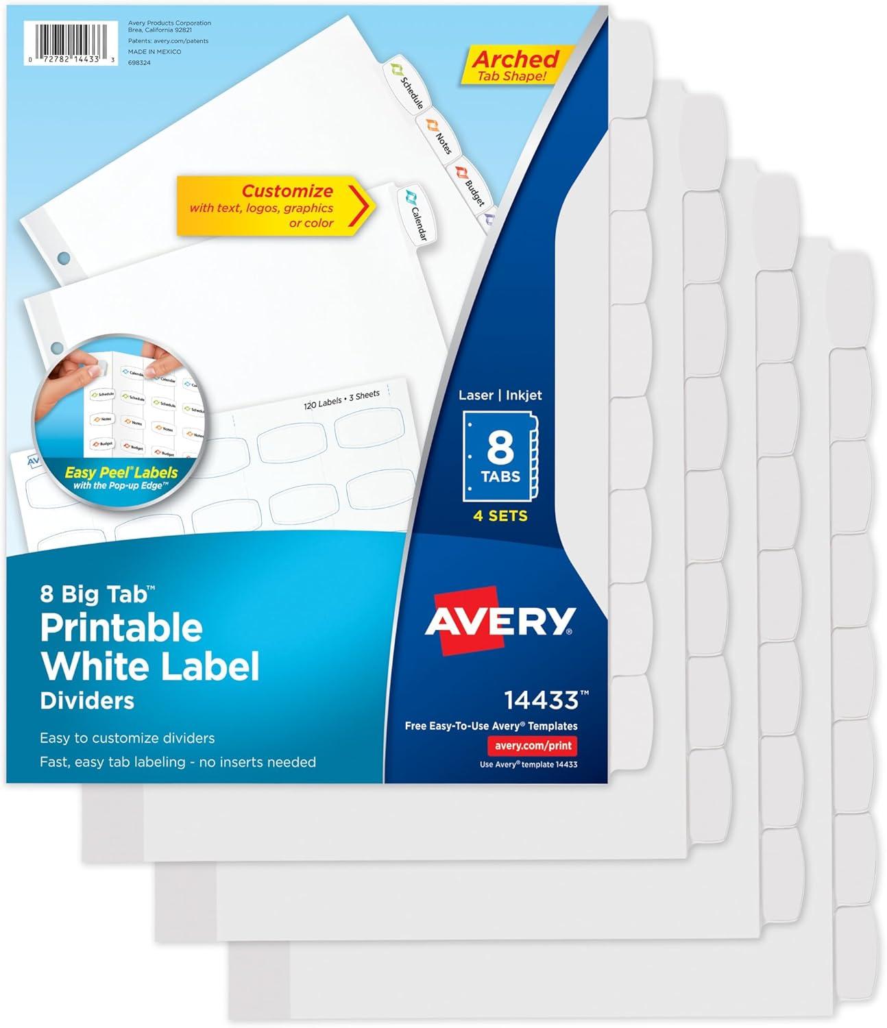 Avery Big Tab Printable Label Dividers, Easy Peel Labels, 8 Tabs