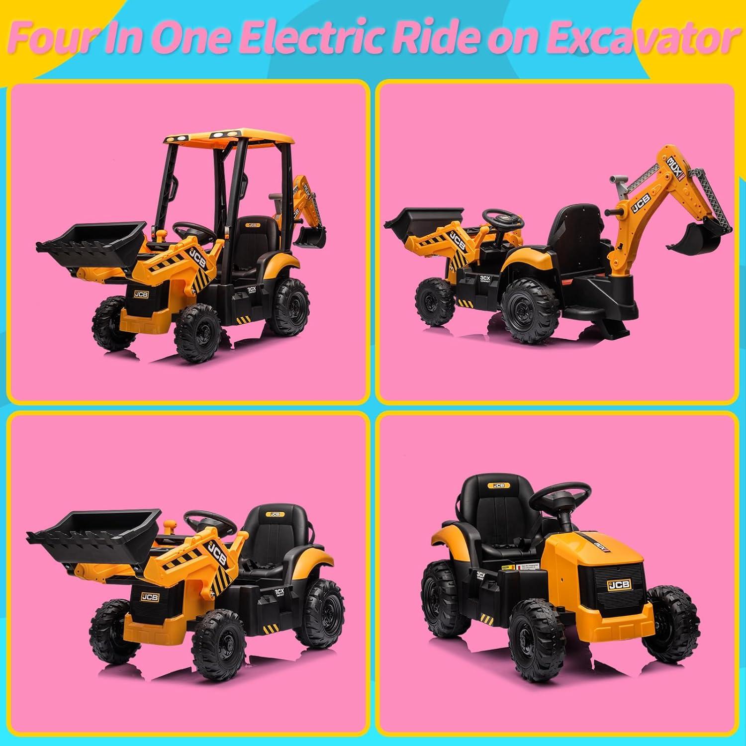 EastVita 12V Ride on Toys Tractor, Kids Ride on Car Toy Excavator Bulldozer, 12V Digger w/Trailer, Shovel Bucket, Digger, Remote Control, EVA Tires, LED Lights, Music, USB