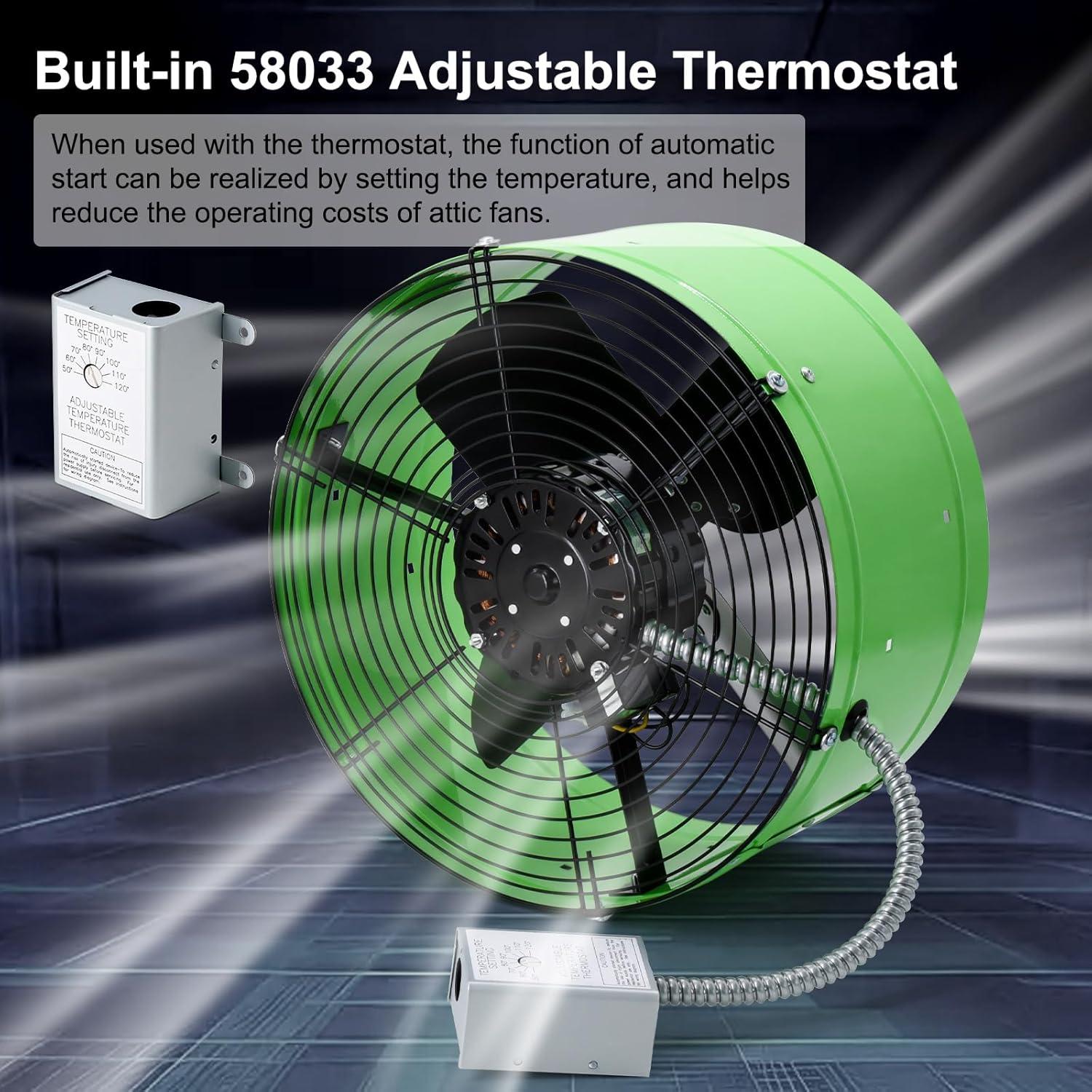 Criditpid 15" Gable Mount Vent Attic Fan, Exhaust Ventilation Fan with Adjustable Thermostat for Gable, Home, Shed, Garage, Portable Building, 3.4A, 1300CFM, 1075RPM, 1850 Sq.Ft Coverage Area.