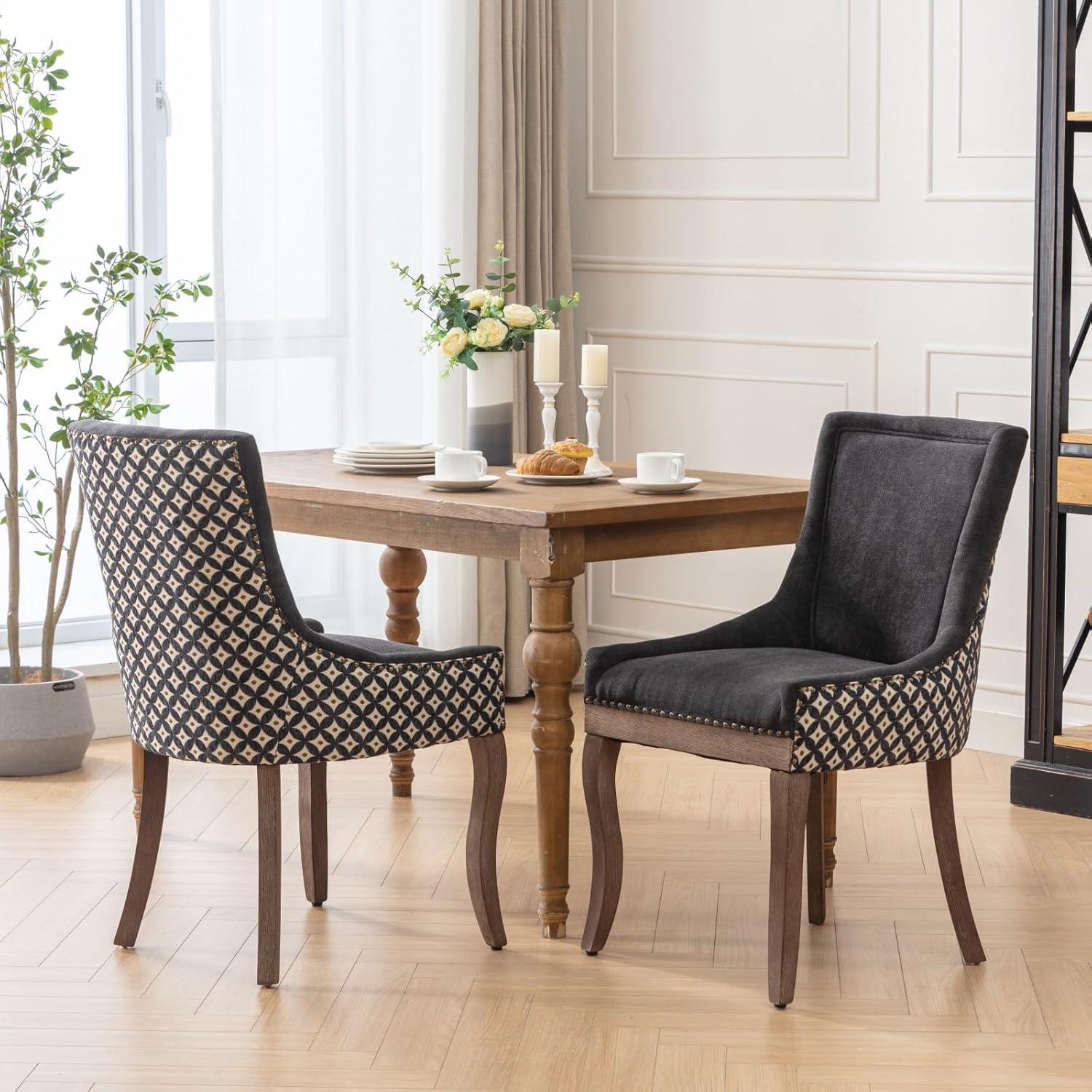 Upholstered Dining Chairs Set of 2, Solid Wood Kitchen Dining Room Chairs with Thicken Padded and Nailhead Trim for Home Kitchen Bedroom Black and Patterned