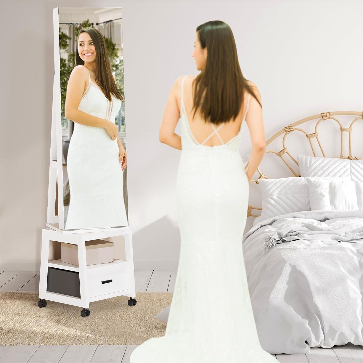 360°Swivel Jewelry Cabinet,Lockable Standing Jewelry Armoire with Mirror, Drawer and Wheels,Floor Dressing Mirror with Hidden Jewelry Storage for Bedroom, Dressing Room Clamshell
