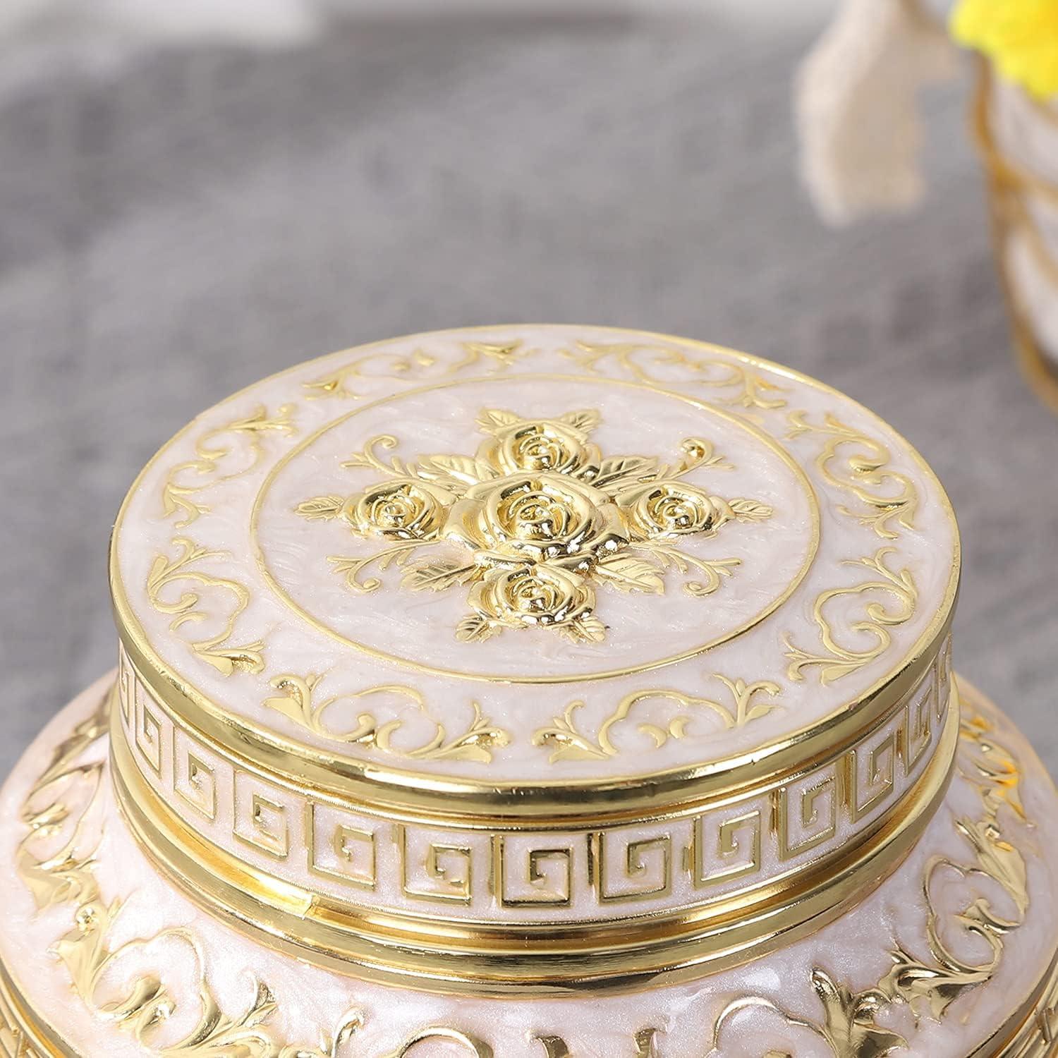 Gold and White Rose Embellished Medium Metal Urn