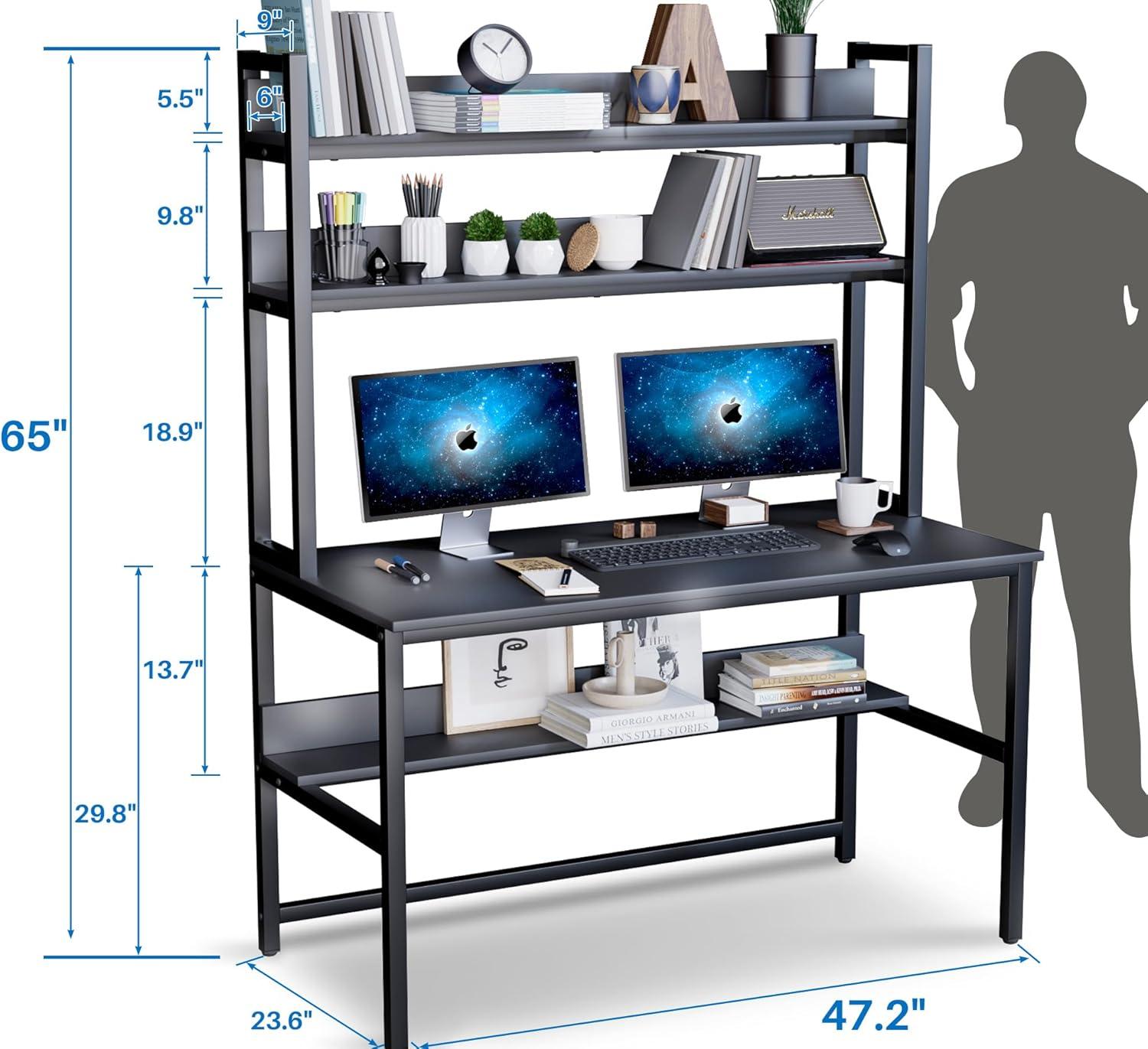 Black Engineered Wood Computer Desk with Hutch and Shelves