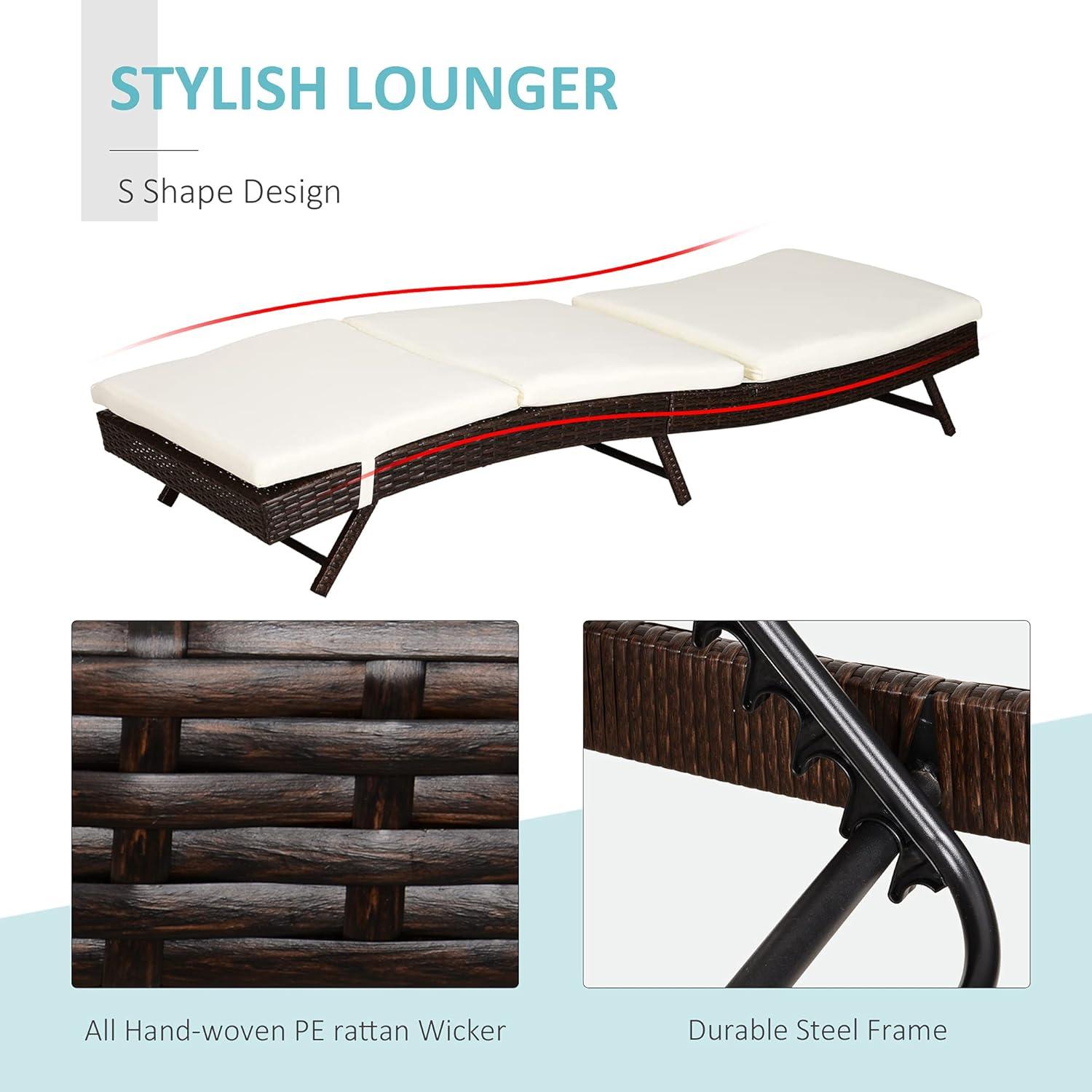 Outsunny Patio Chaise Lounge, Pool Chair with 5 Position Adjustable Backrest & Cushion, Outdoor PE Rattan Wicker Sun Tanning Seat, 28", Cream