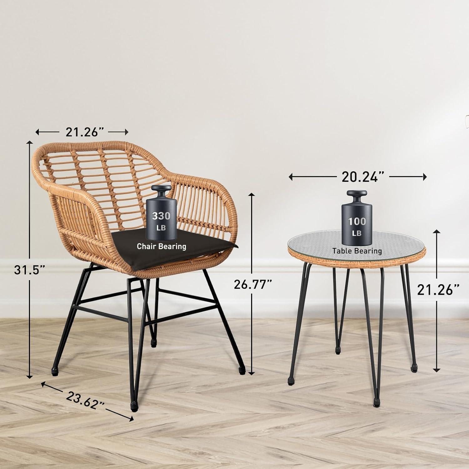 3 Piece Outdoor Wicker Furniture Patio Bistro Set, Balcony Furniture Rattan Conversation Sets, Outdoor Patio Chairs Set for Porch Poolside Garden, Black