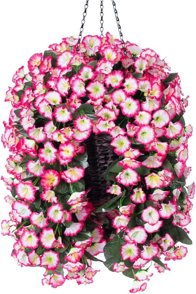 Artificial Hanging Flowers in Basket Fake Plant for Outside, Silk Pink Morning Glory Flower Arrangement for Outdoor Decor, UV Resistant Realistic Floral Planter for Porch Patio Balcony