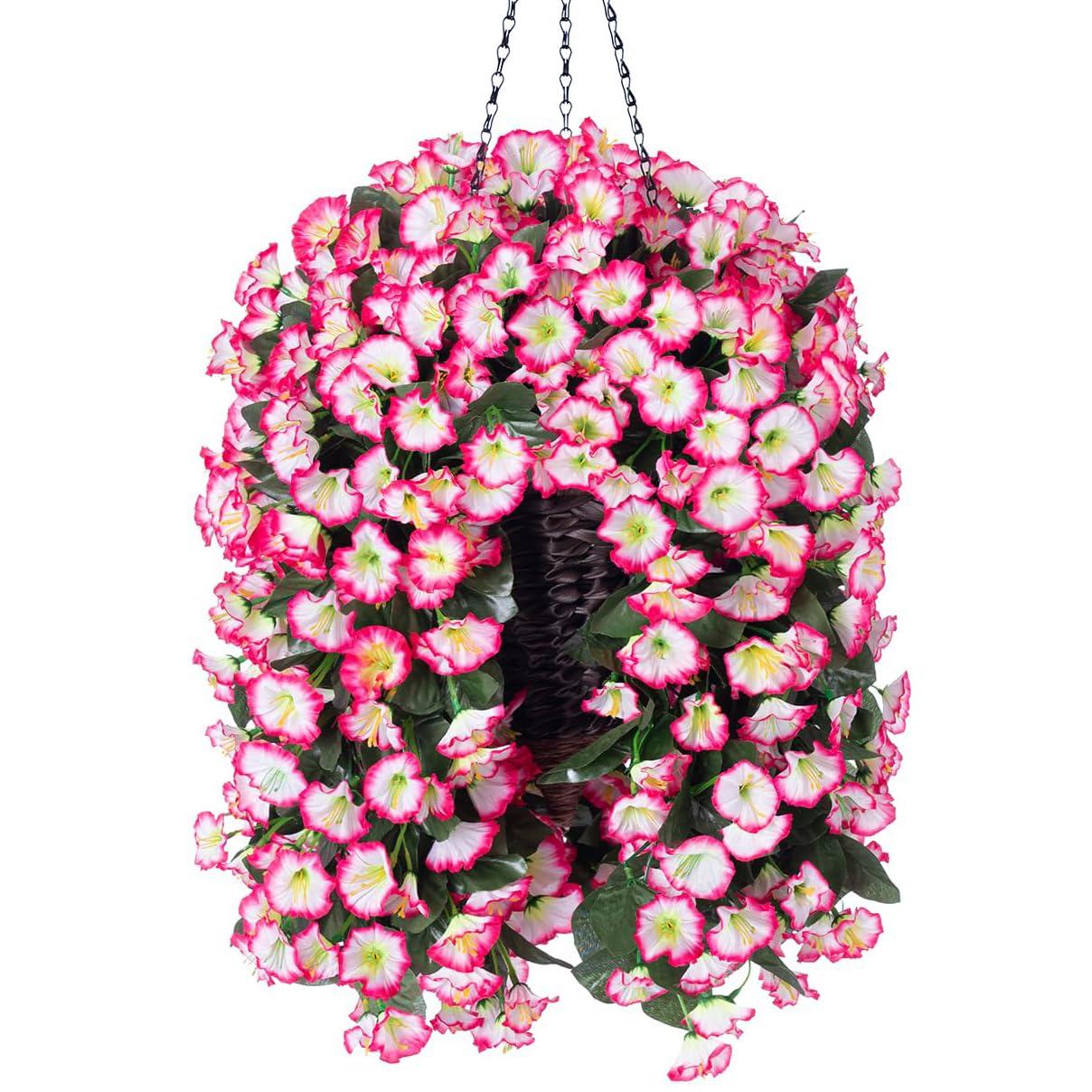 Artificial Hanging Flowers in Basket Fake Plant for Outside, Silk Pink Morning Glory Flower Arrangement for Outdoor Decor, UV Resistant Realistic Floral Planter for Porch Patio Balcony