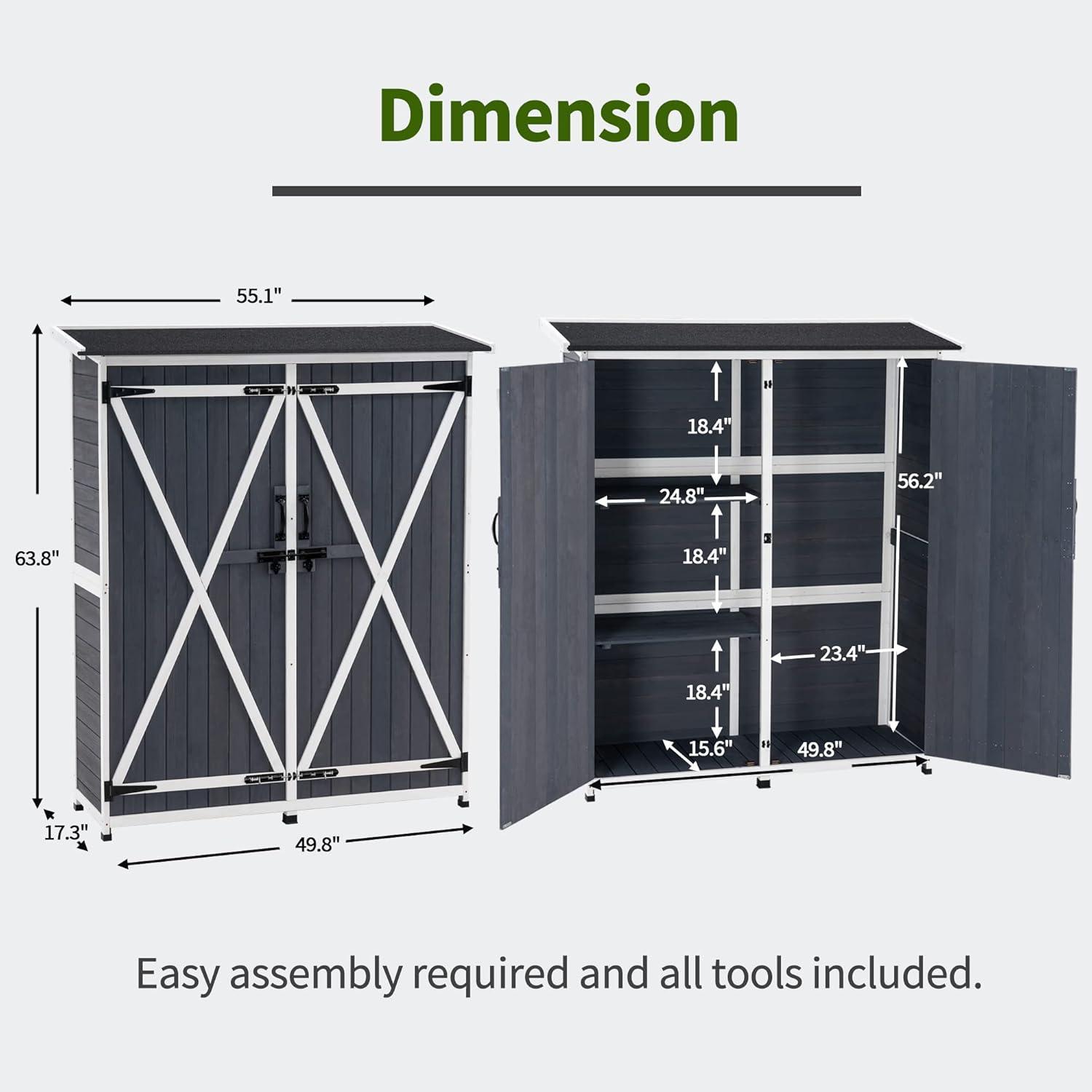 Mcombo 55.1 x 1.64 ft. Garden Tool Wood and Metal Storage Shed, Gray