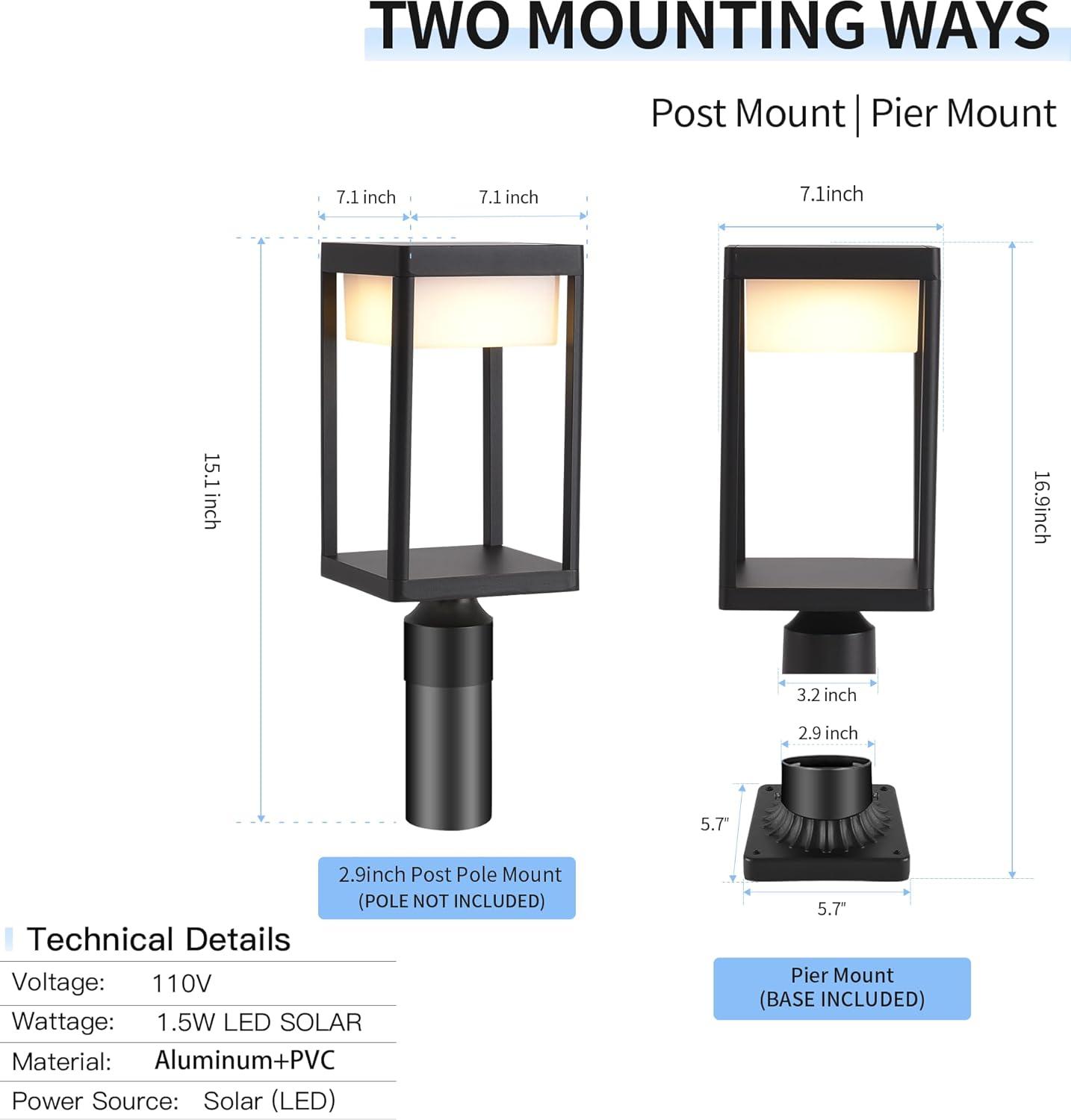 Solar Lamp Post Light, Solar Post Lights Outdoor Waterproof, Solar Light for Pole Outside, Dusk to Dawn Black Outdoor Light Pole with Remote Control, Three Modes
